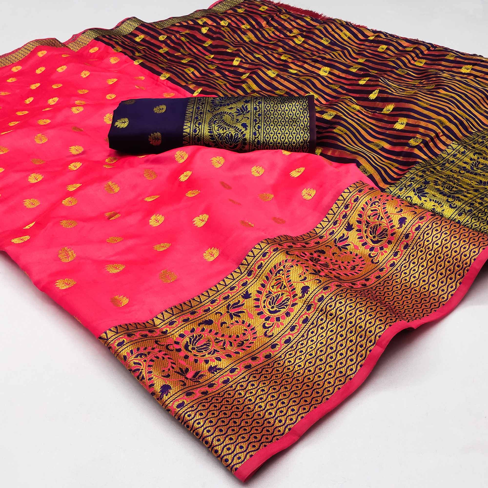 Pink Woven Jacquard Saree With Tassels