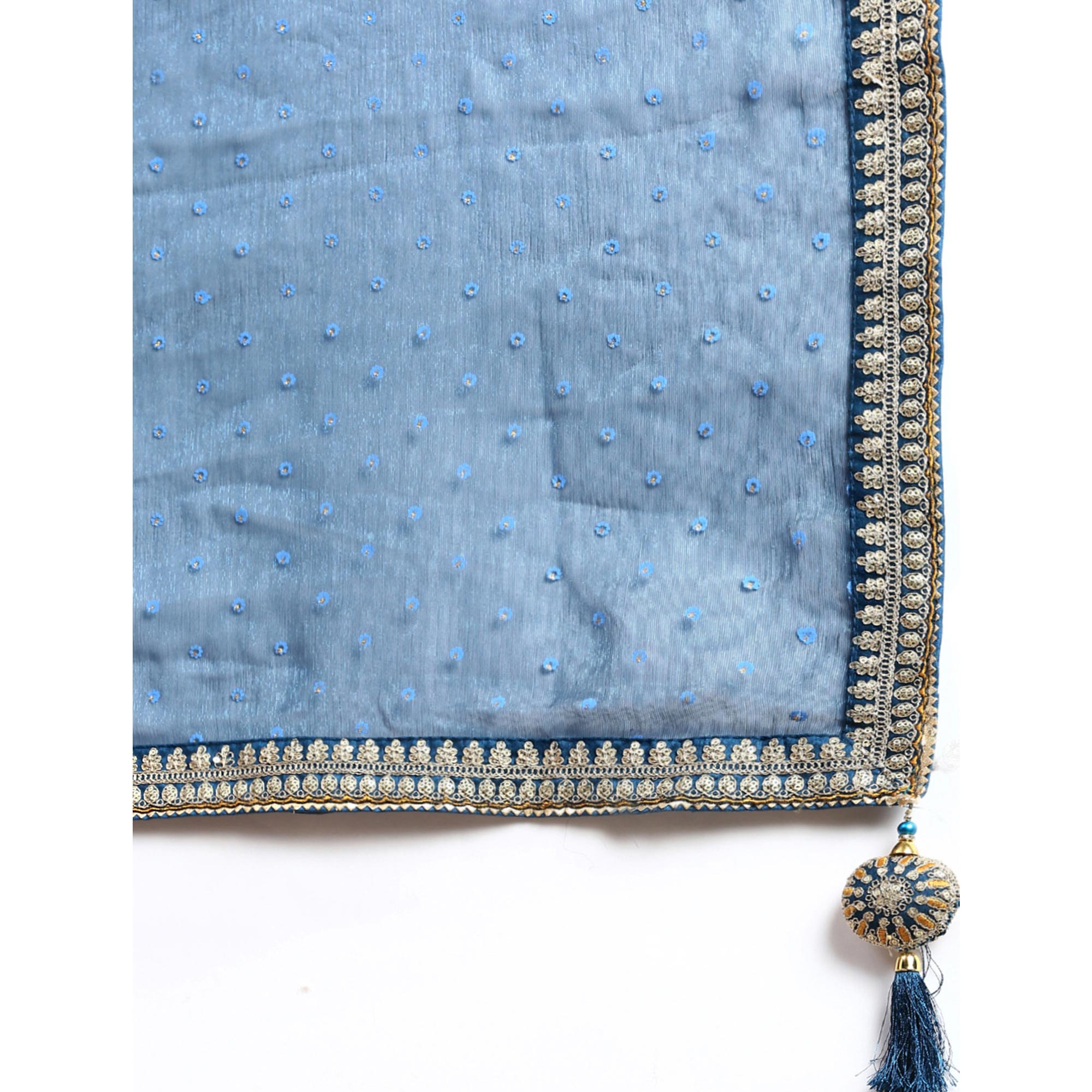 Blue Foil Printed With Embroidered Border Chiffon Saree