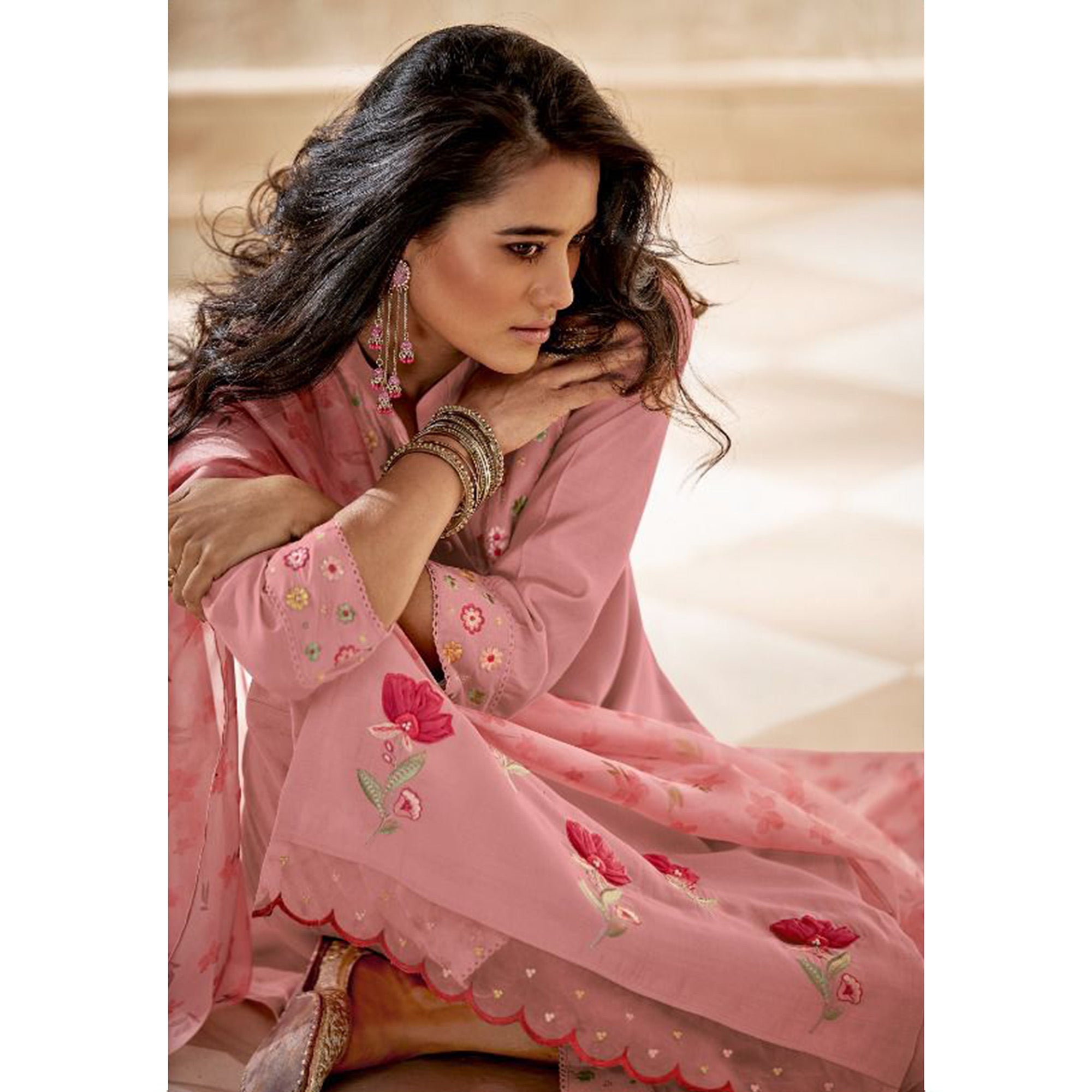 Pink Floral Embroidered Viscose Suit