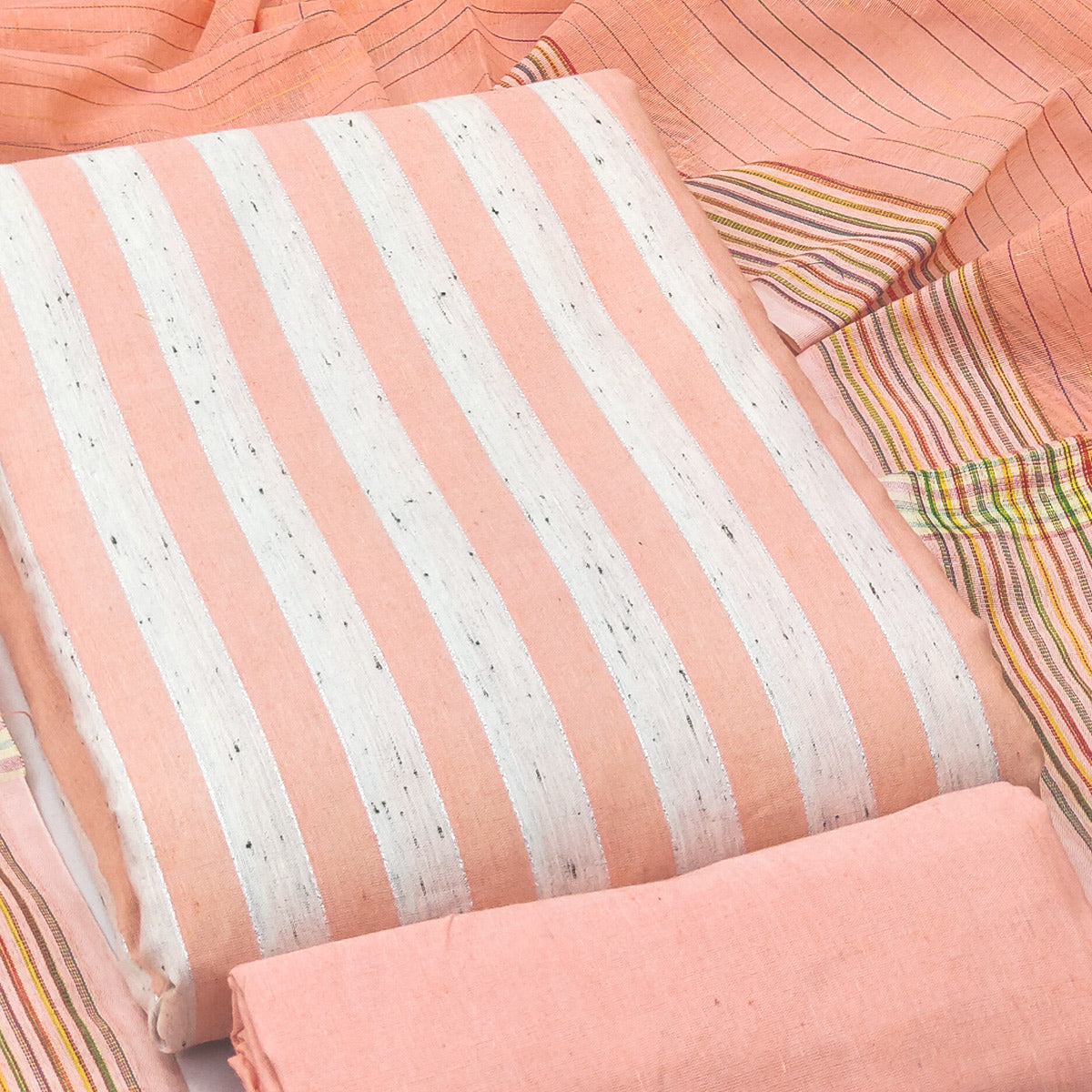 Peach Striped Printed With Woven Cotton Blend Dress Material