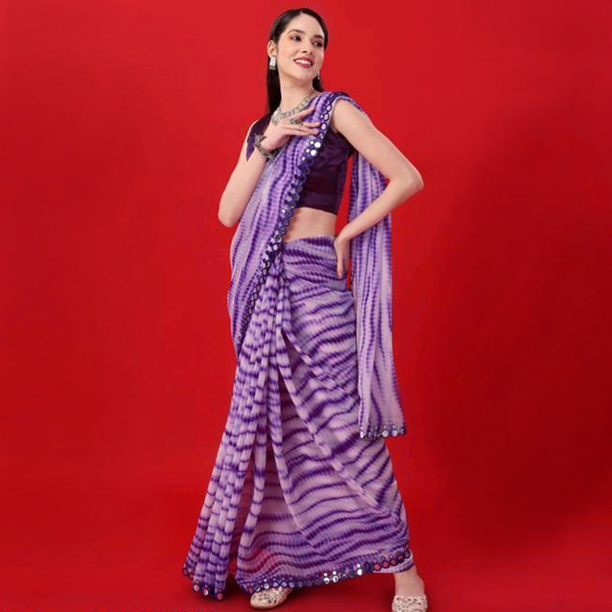 Violet Printed With Fancy Mirror Georgette Saree