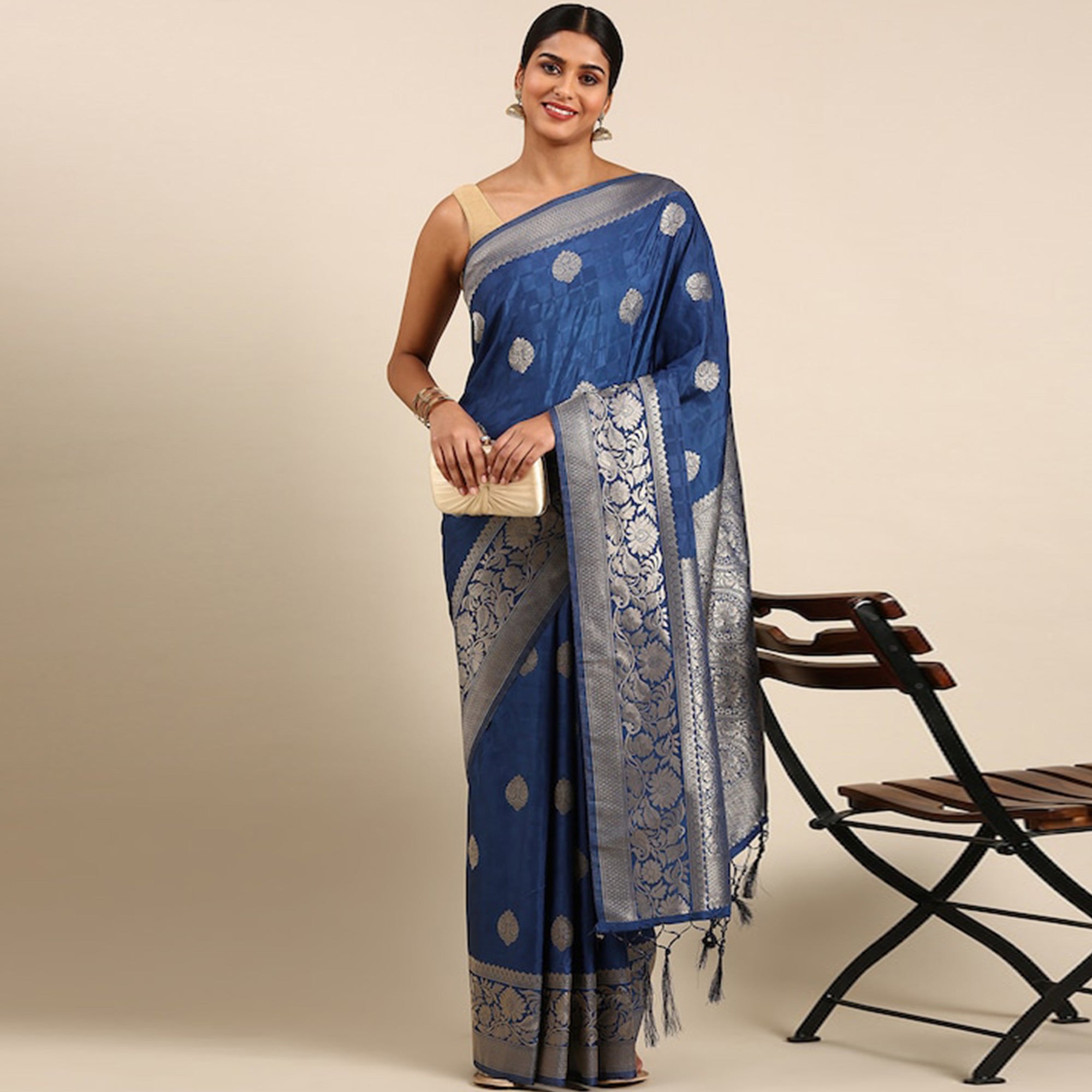 Royal Blue Woven Kanjivaram Silk Saree WithTassels