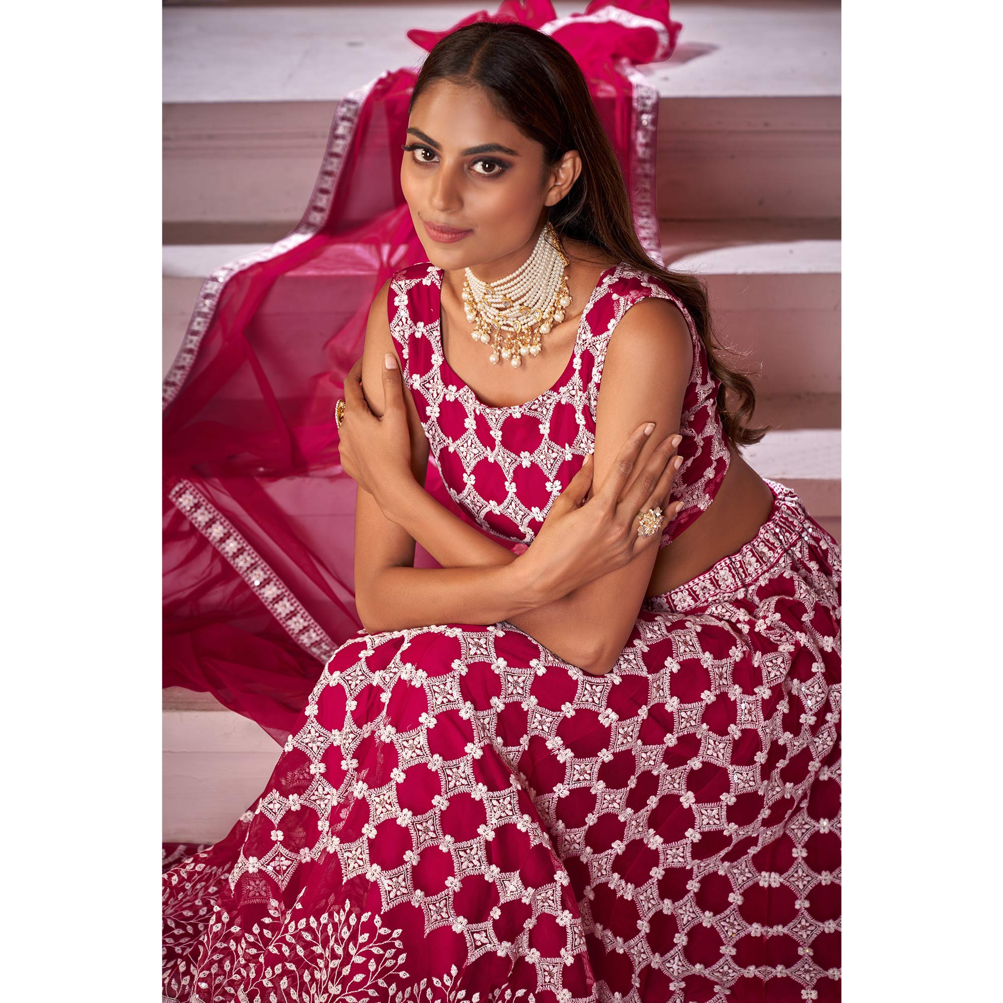 Rani Pink Floral Sequins Embroidered Net Lehenga Choli