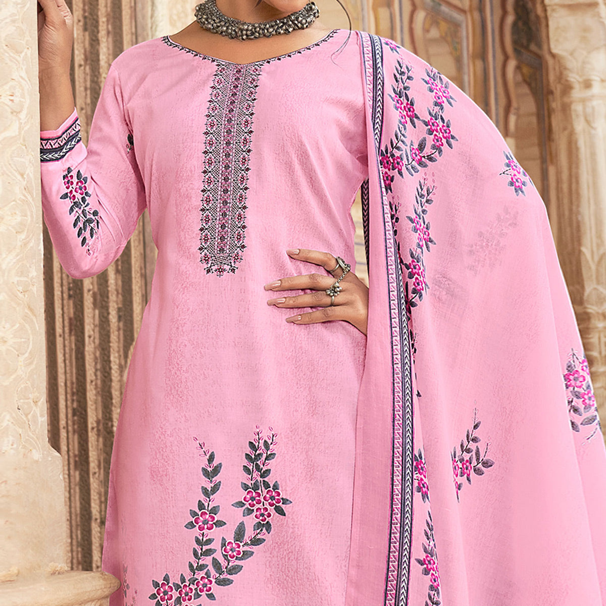 Pink Floral Printed With Embroidered Pure Cotton Palazzo Suit