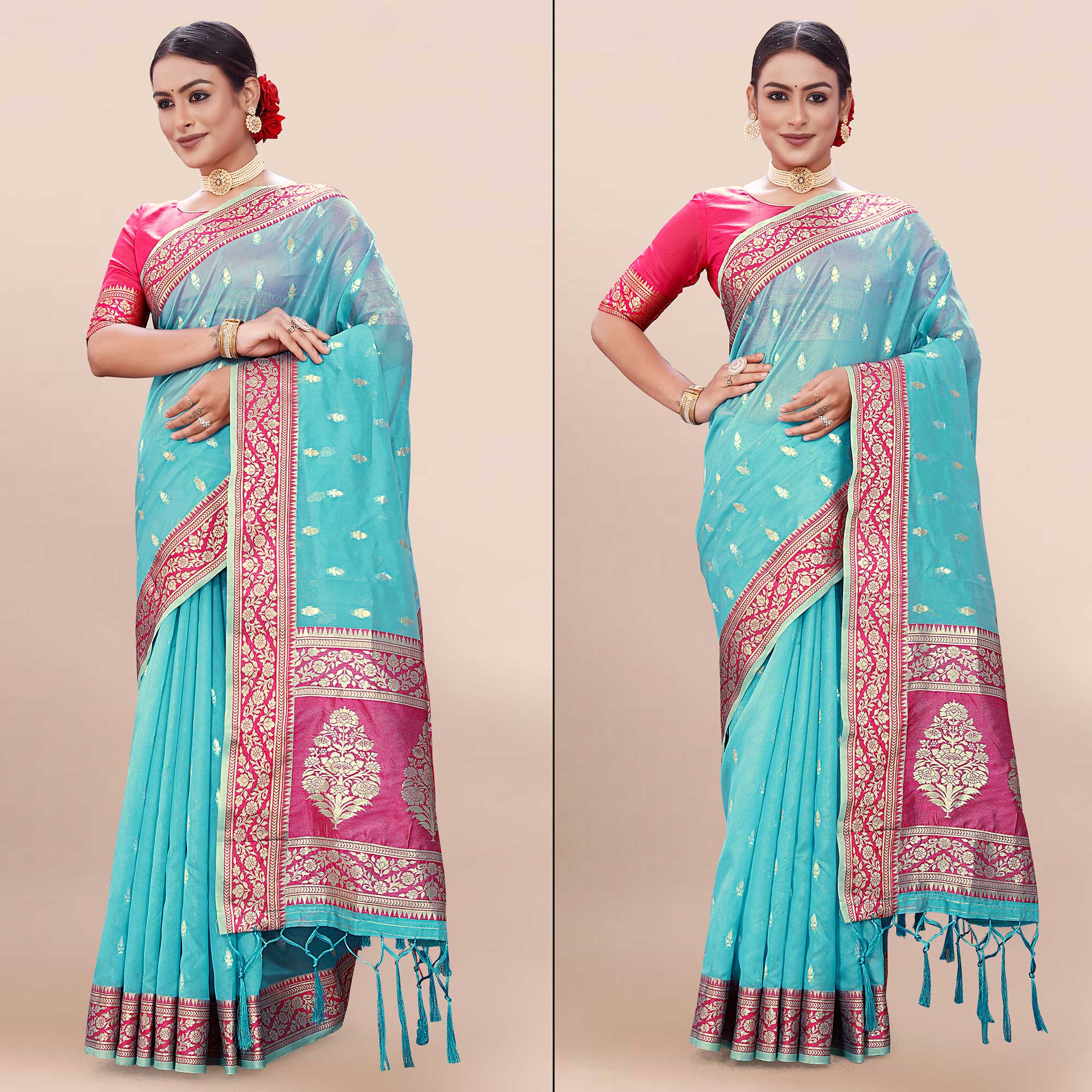 Blue Woven Organza Saree With Tassels