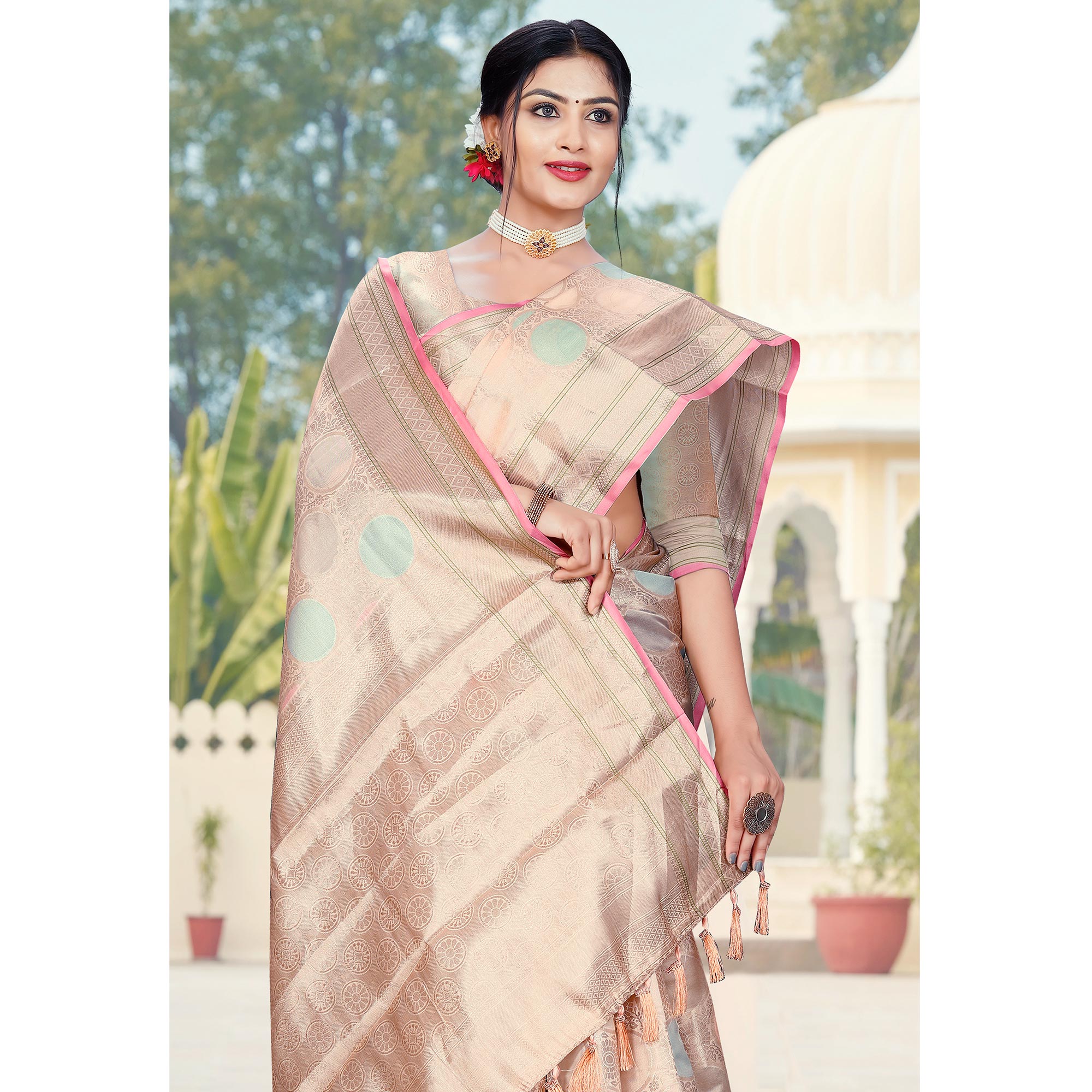 Peach Floral Woven Organza Saree With Tassels