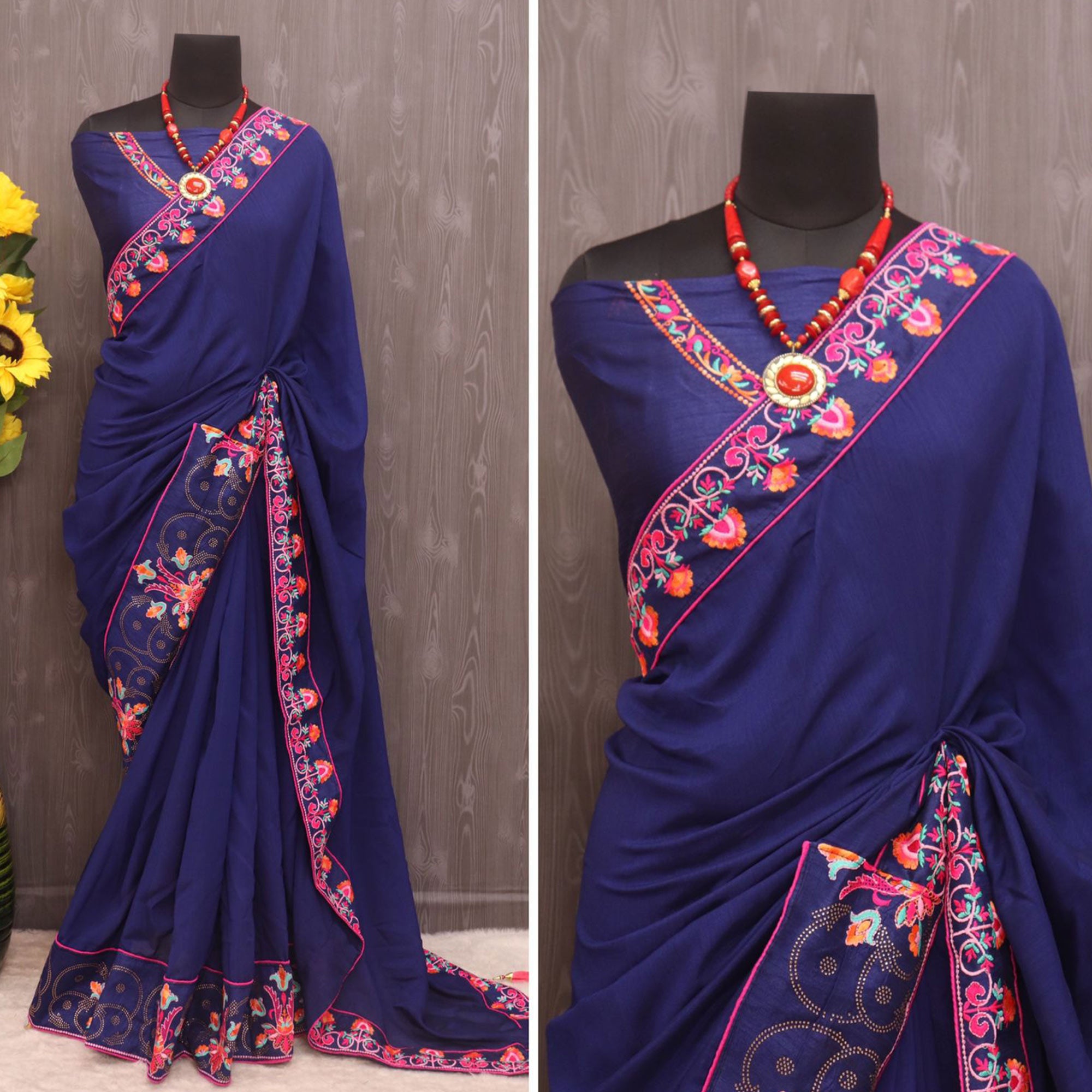 Blue Floral Embroidered Vichitra Silk Saree