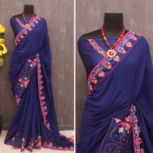 Blue Floral Embroidered Vichitra Silk Saree