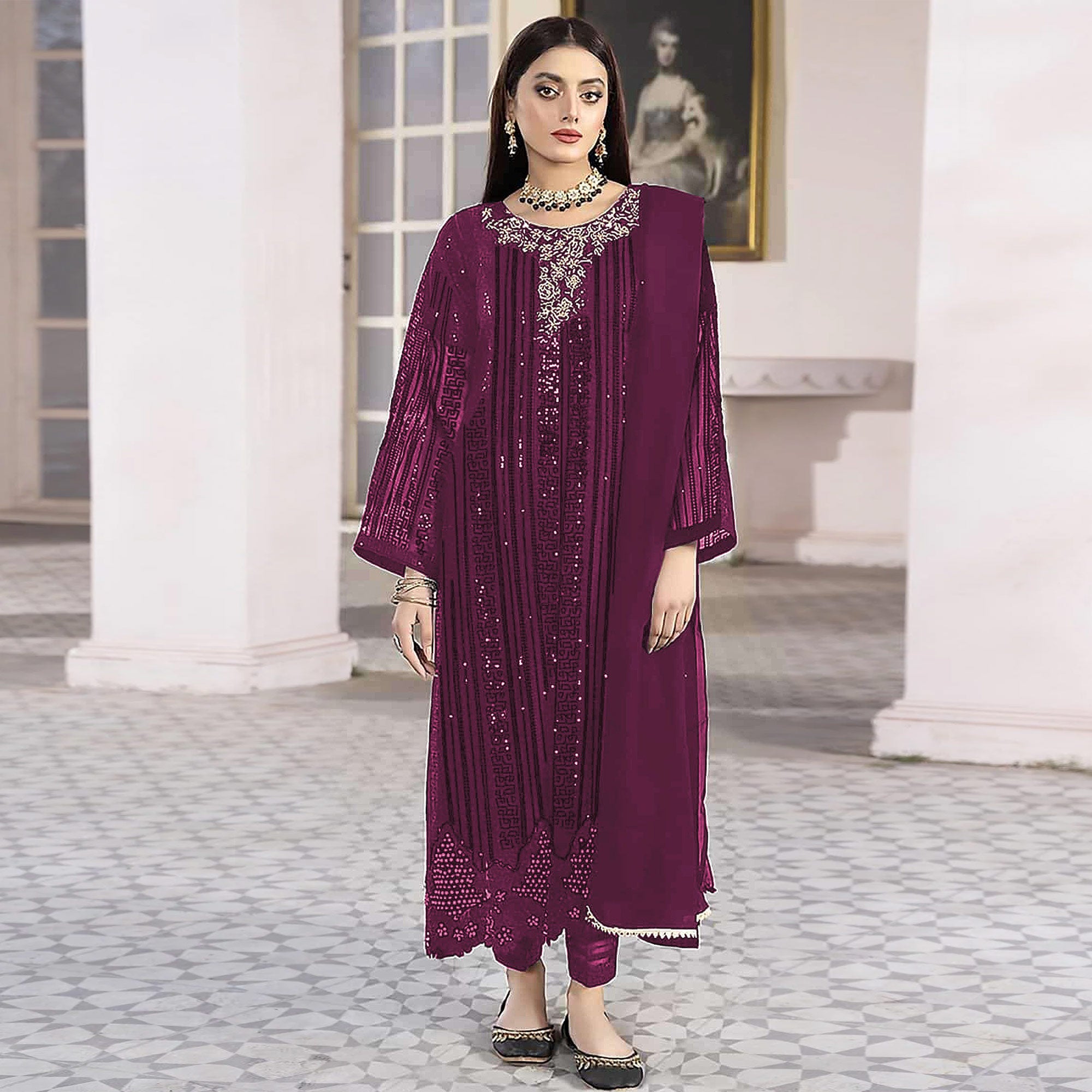 Wine Sequins Embroidered Georgette Pakistani Suit