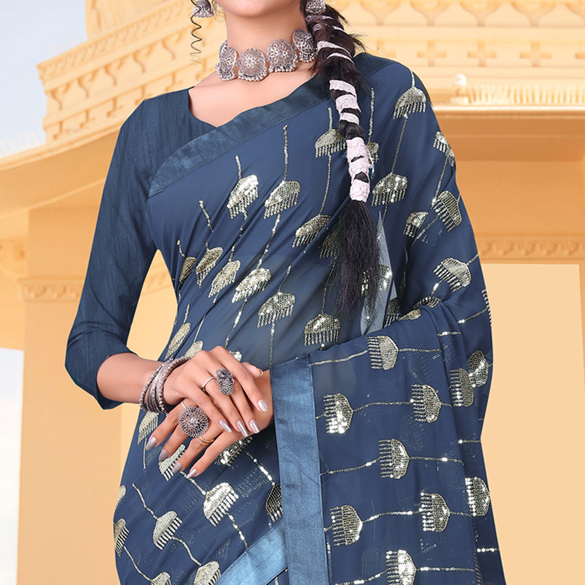 Blue Sequins Embroidered Georgette Saree