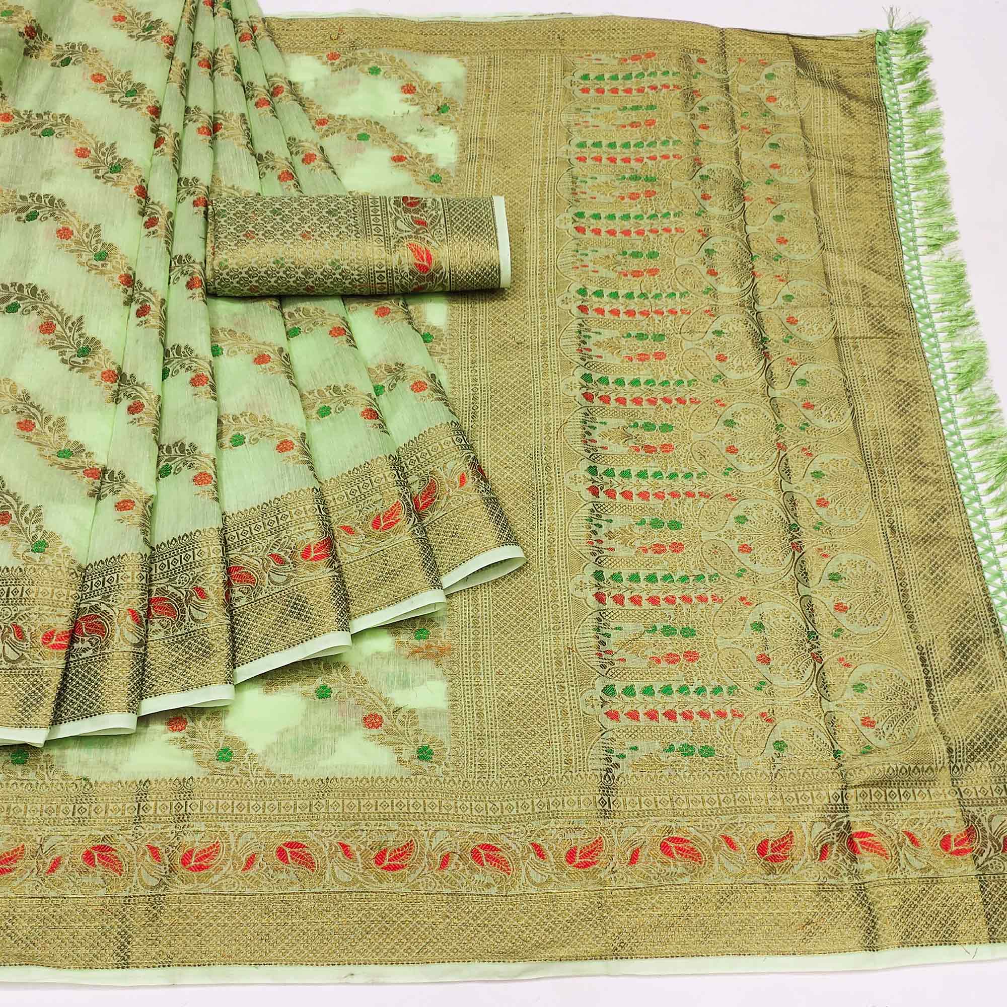 Green Woven Cotton Blend Saree With Tassels