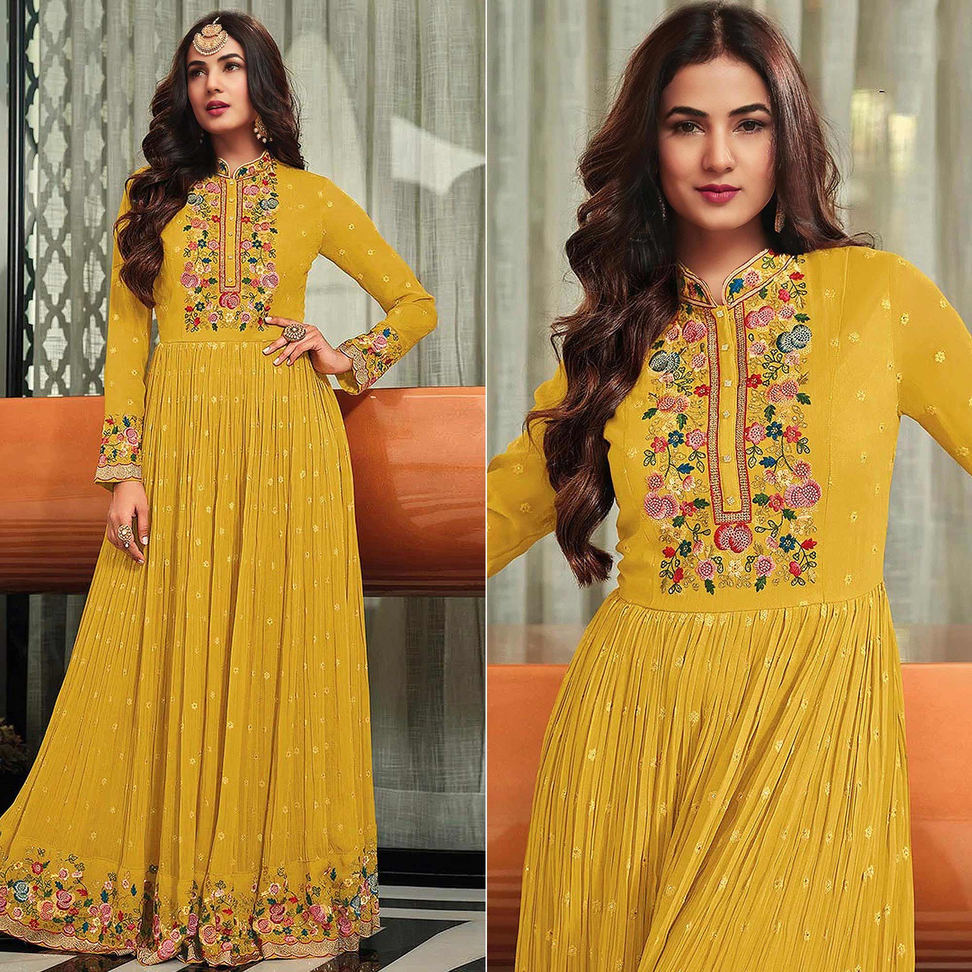 Yellow Embroidered Georgette Gown