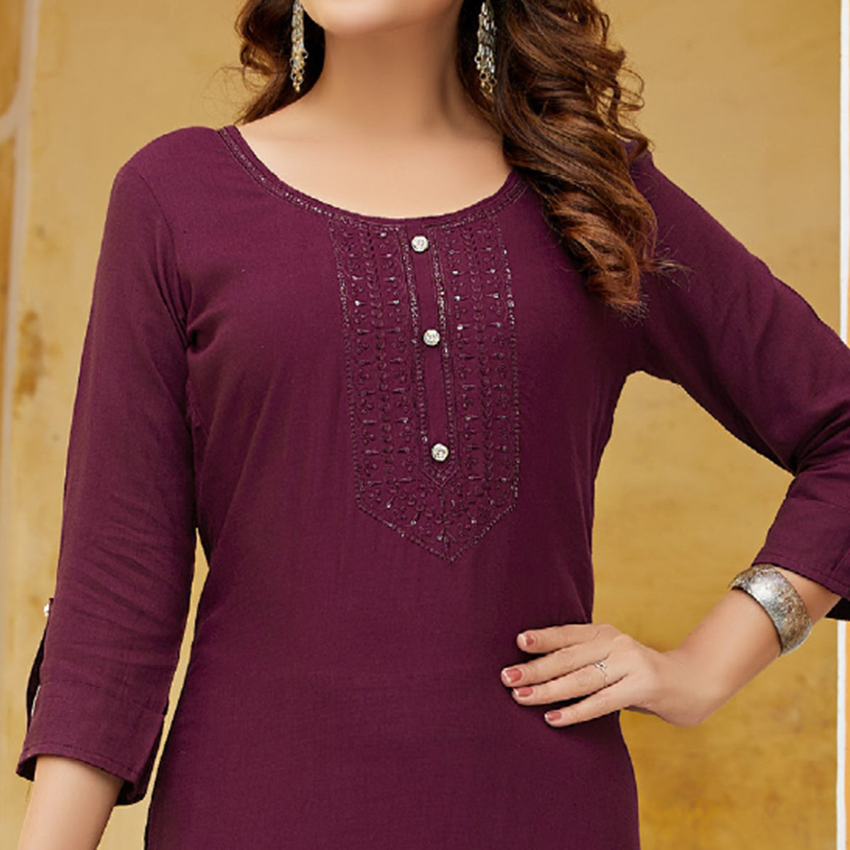 Wine Embroidered Rayon Kurti