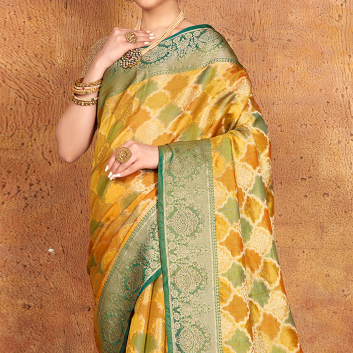 Yellow Woven Organza Saree With Tassels