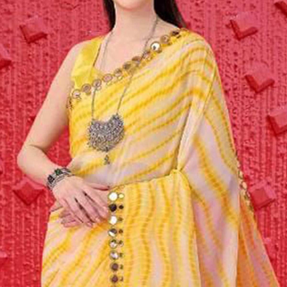 Yellow Printed With Fancy Mirror Georgette Saree