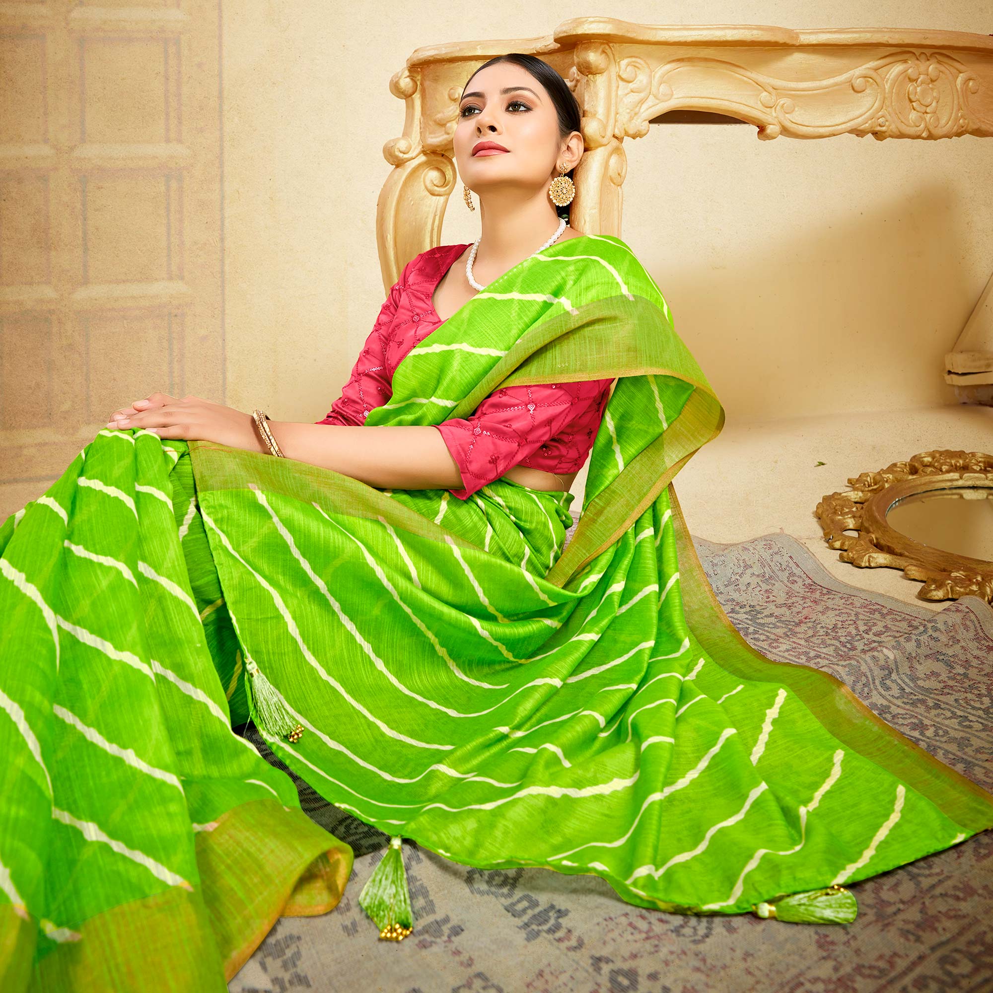 Parrot Green Leheriya Printed Linen Saree