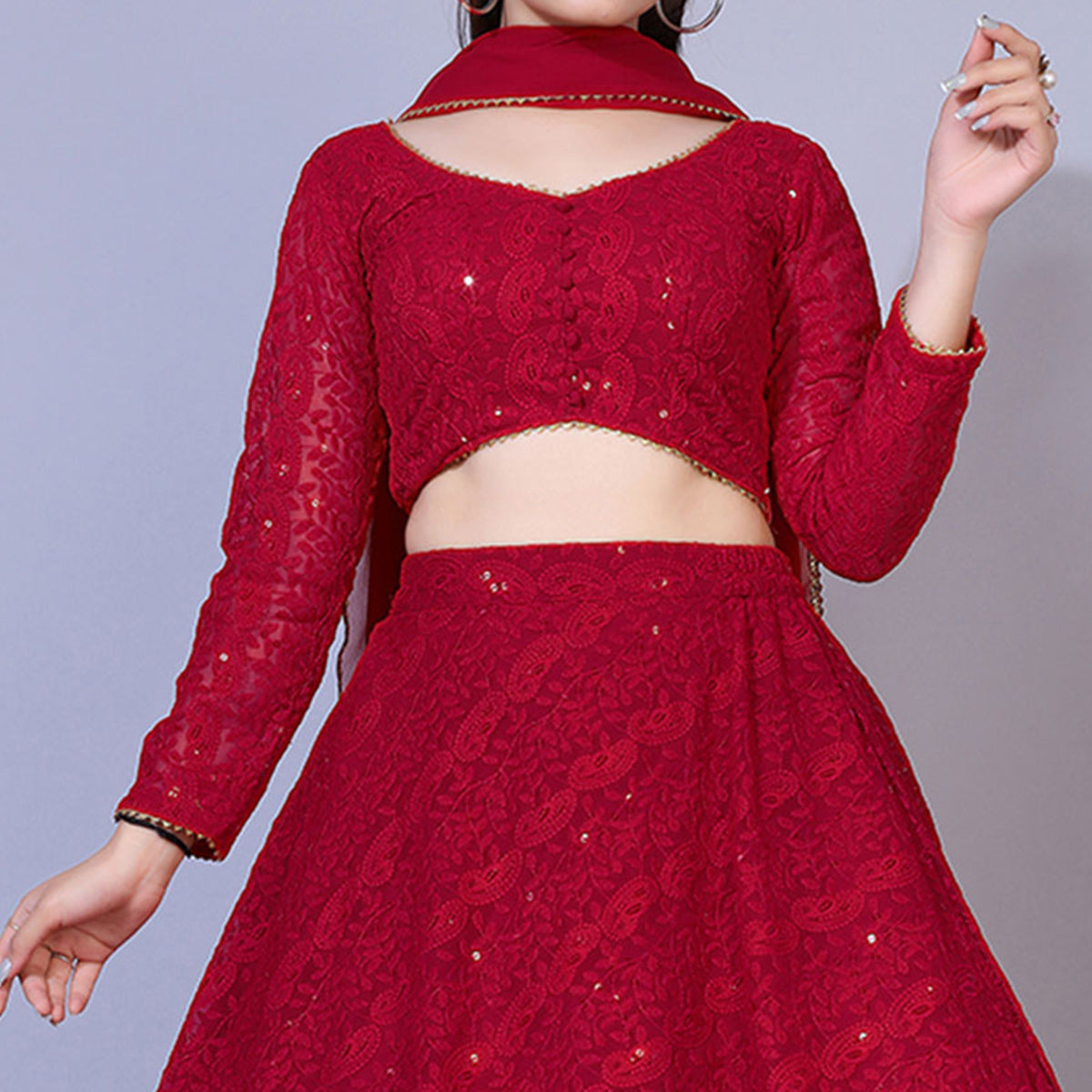 Dark Red Lucknowi Chikankari Work Georgette Lehenga Choli