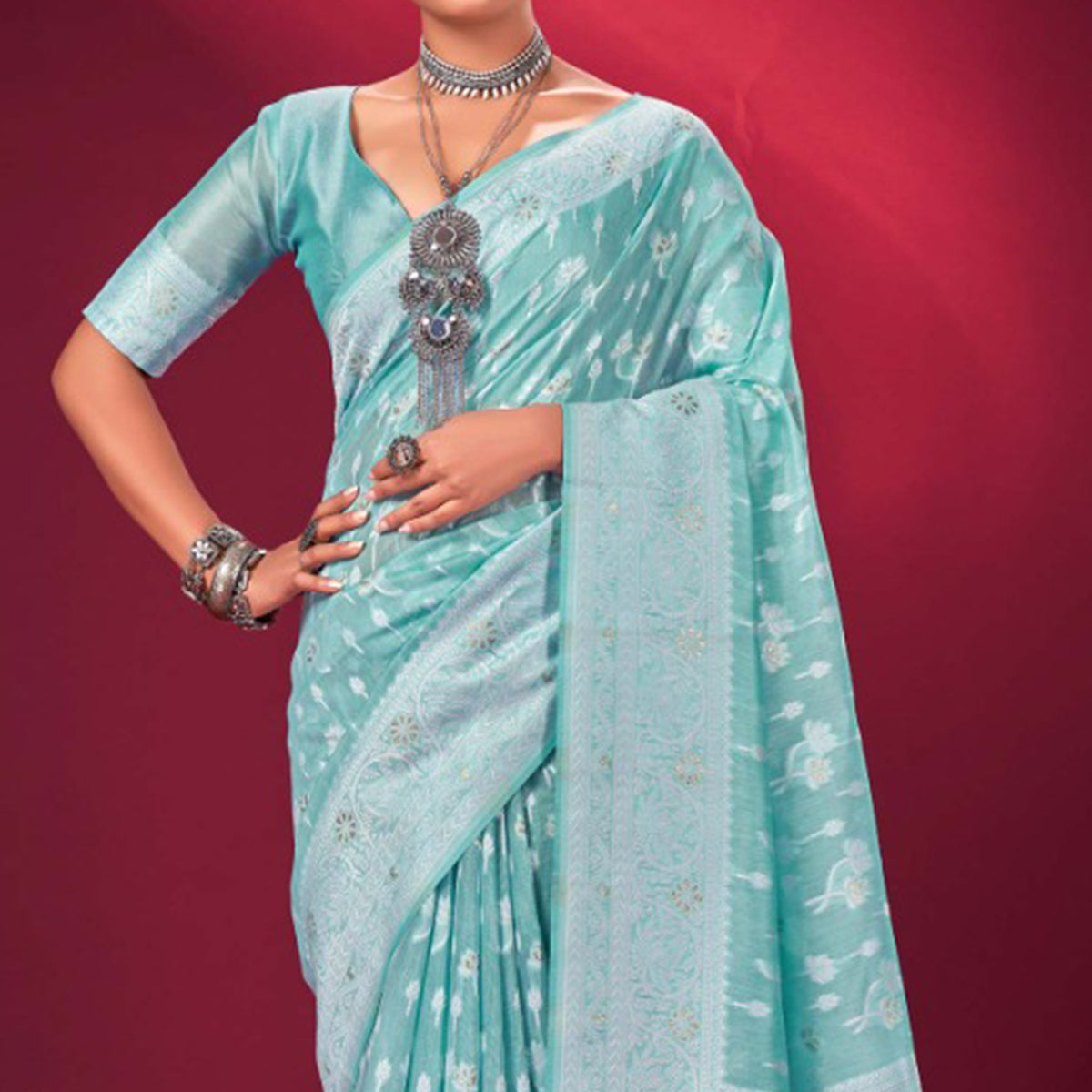 Sky Blue Woven Cotton Silk Saree With Tassels