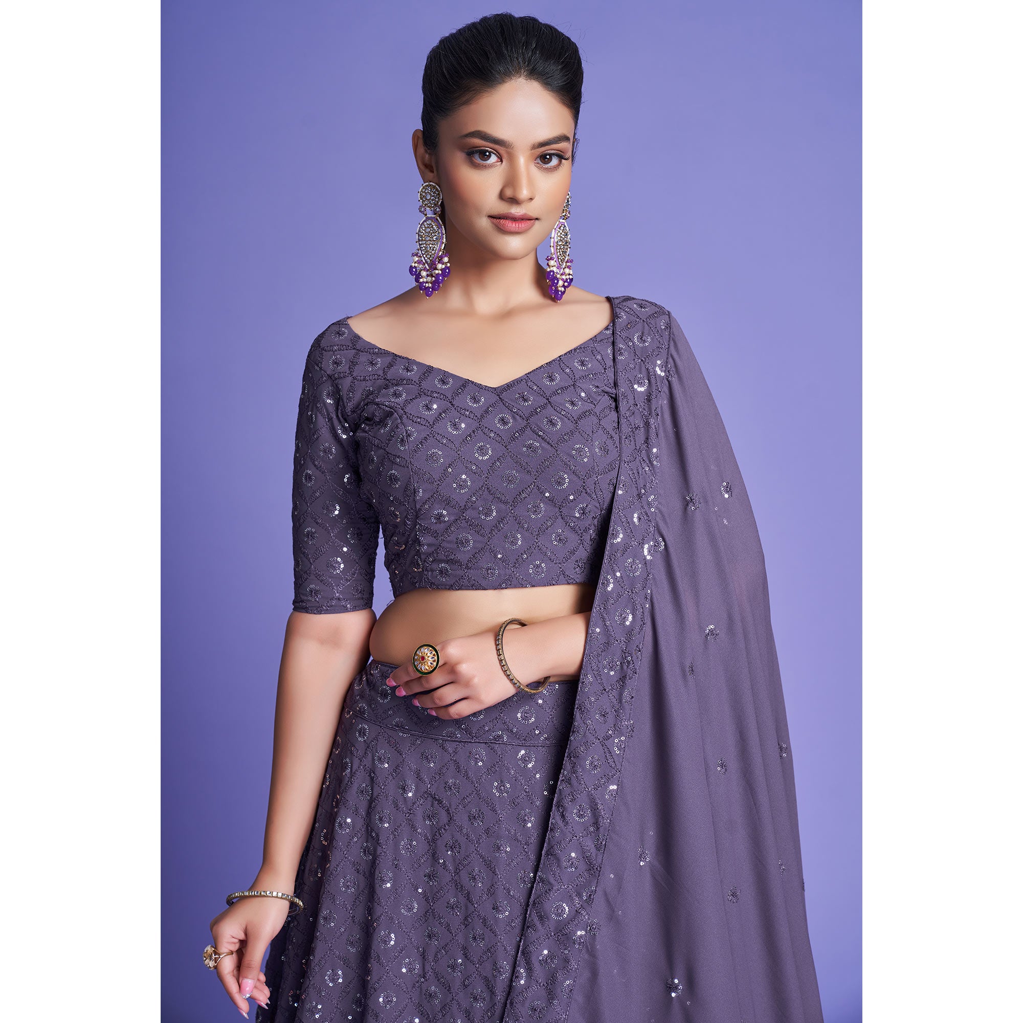 Purple Sequins Embroidered Georgette Lehenga Choli
