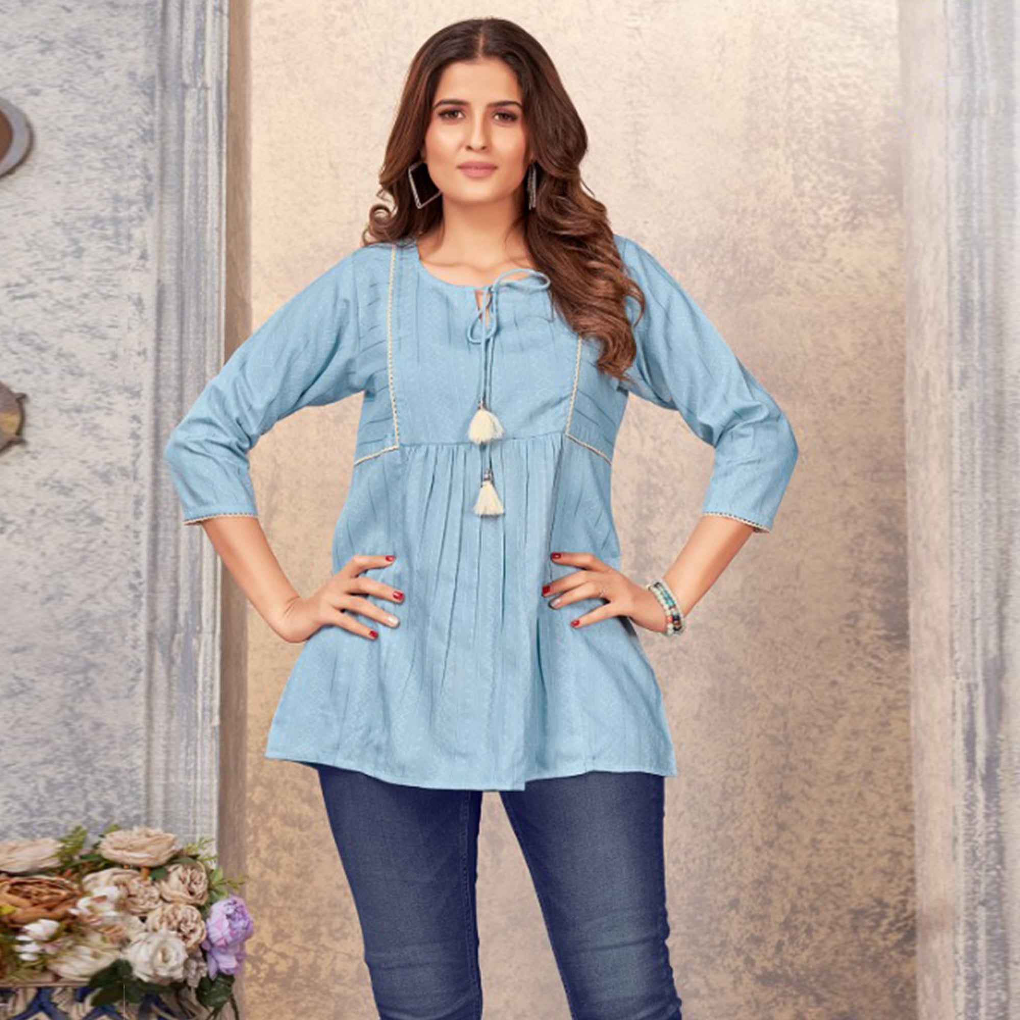 Light Blue Embroidered Cotton Silk Top