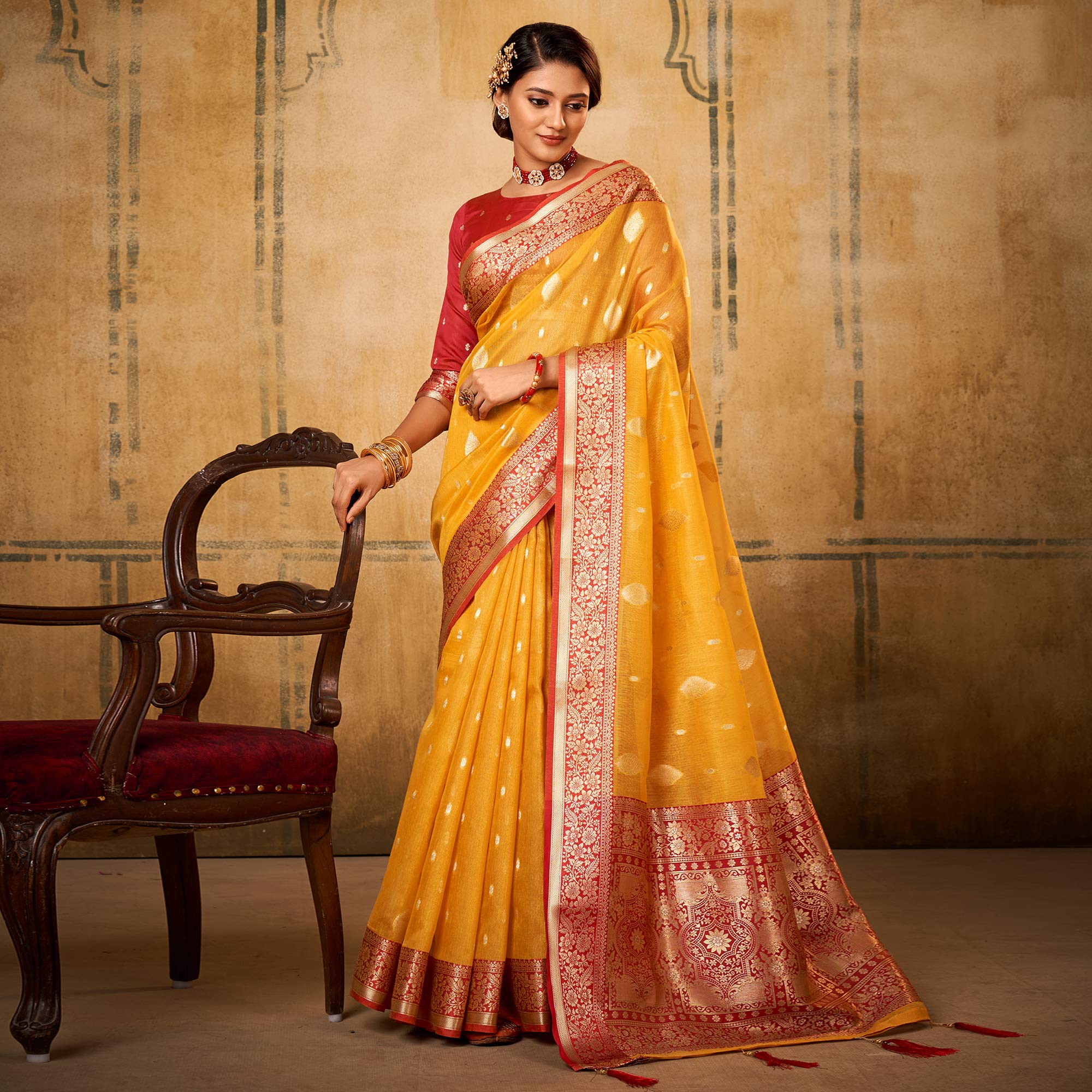 Yellow Woven Tissue Saree