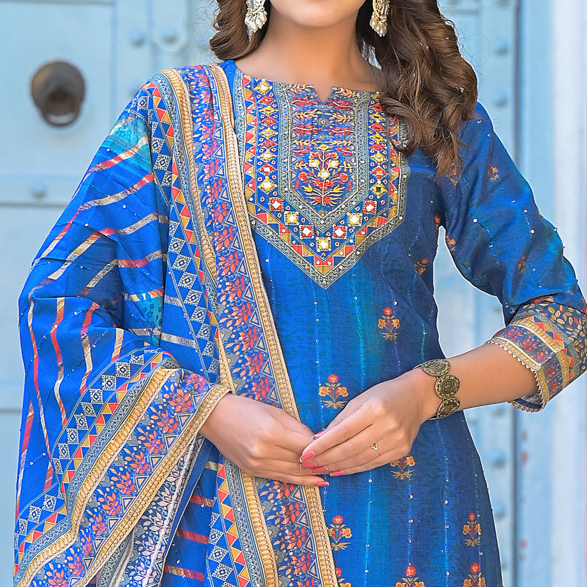 Blue Embroidery With Printed Muslin Sharara Suit