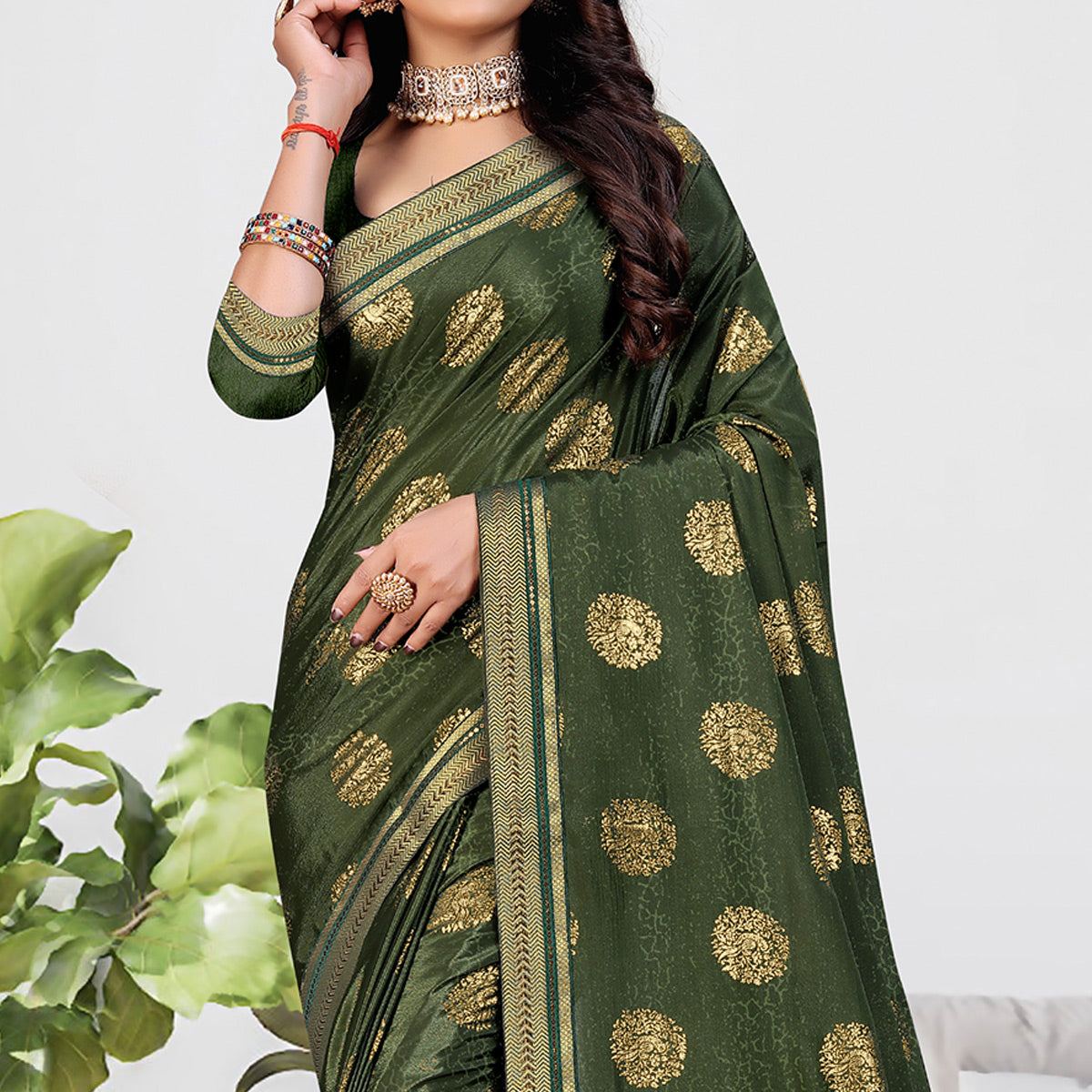 Green Foil Printed Chiffon Saree