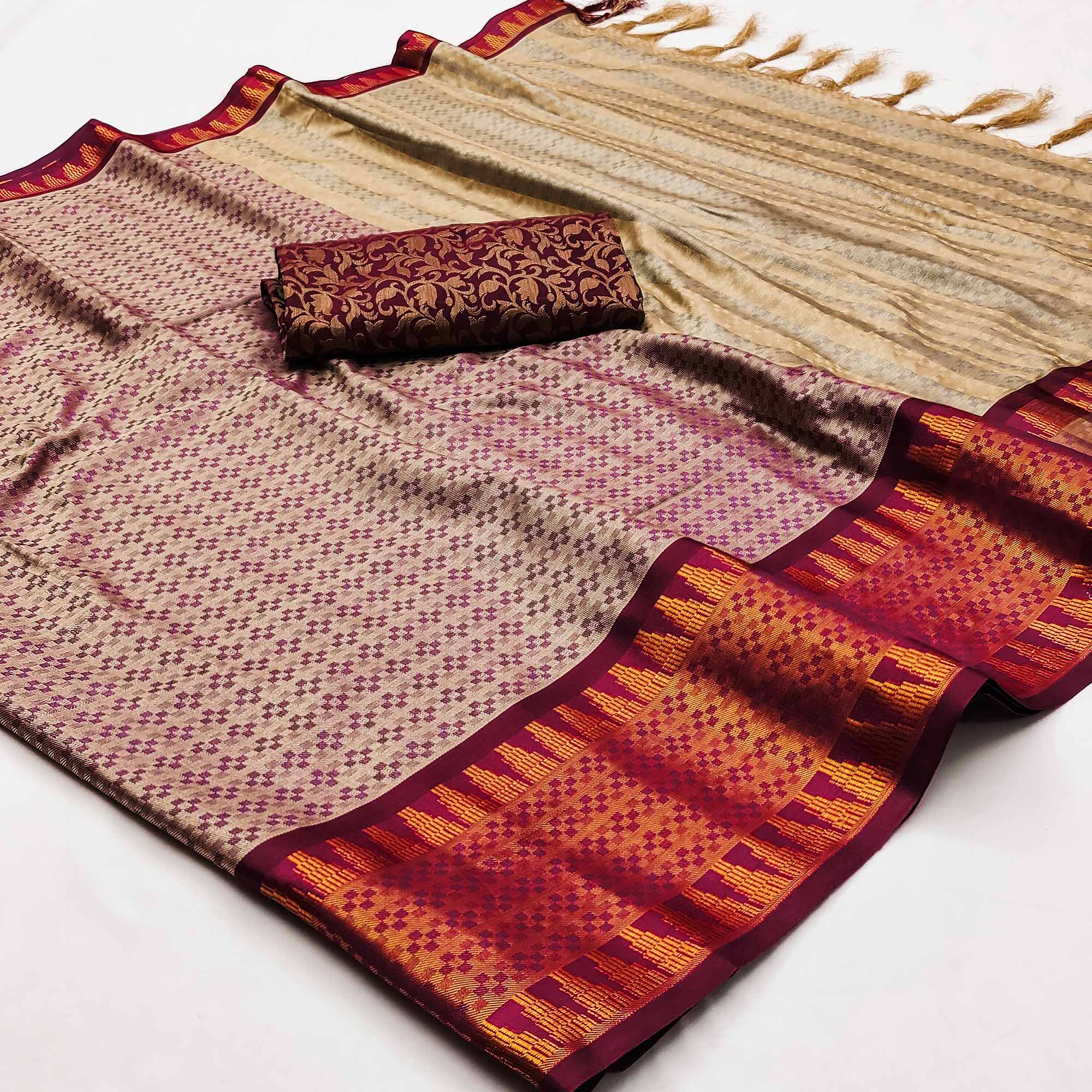 Chikoo Woven Cotton Silk Saree