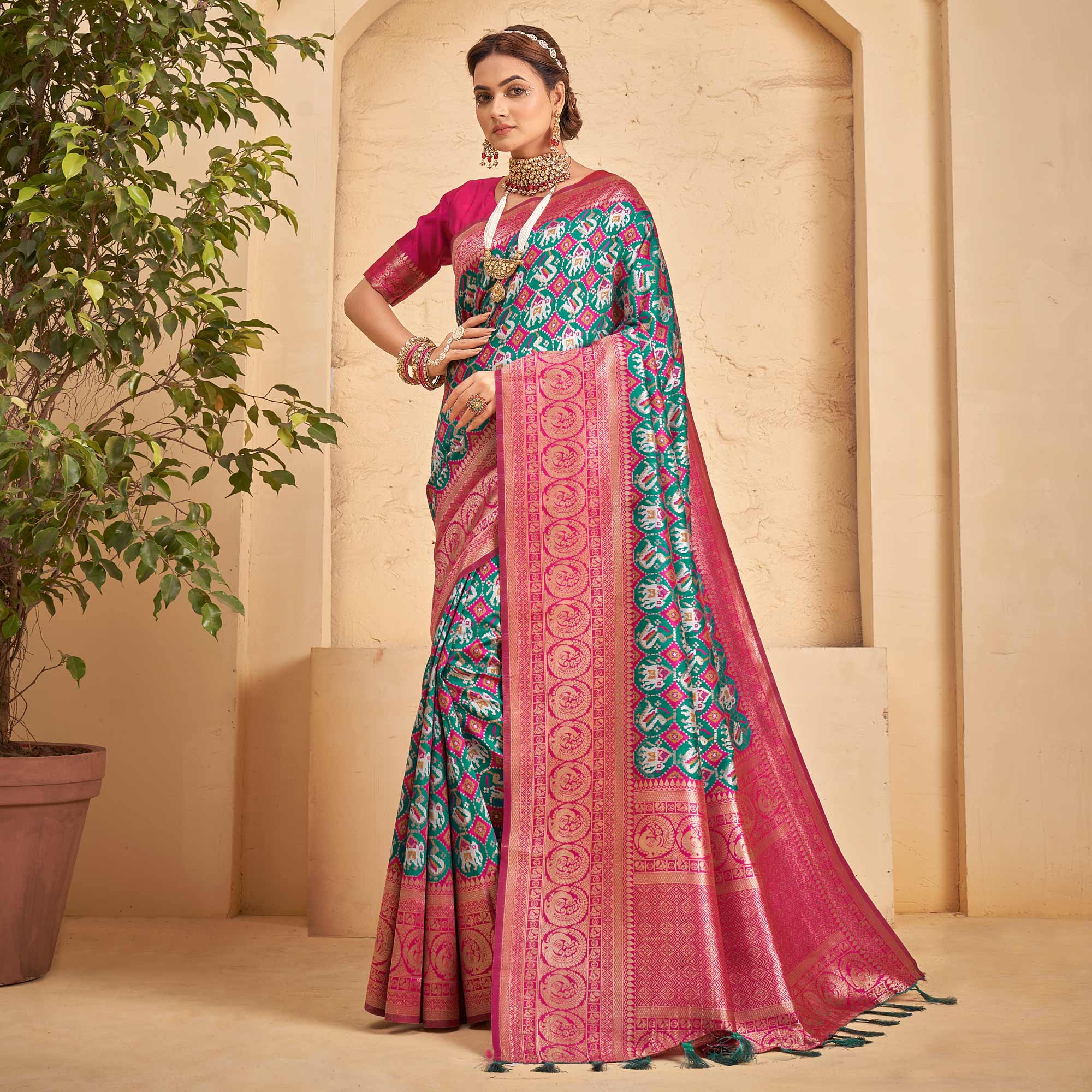 Rama Green Woven Patola Art Silk Saree With Tassels