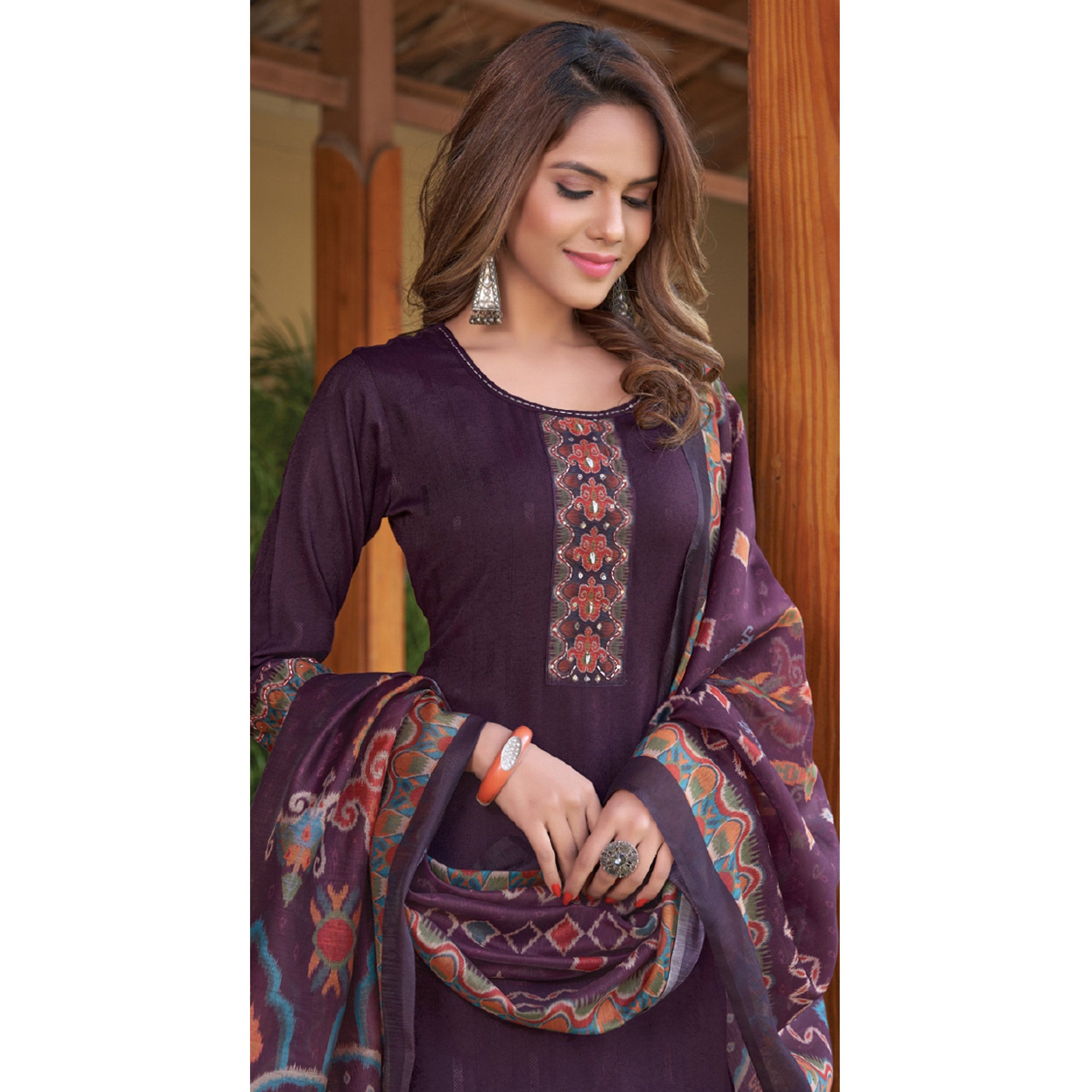 Purple Embroidered Rayon Kurti With Dupatta