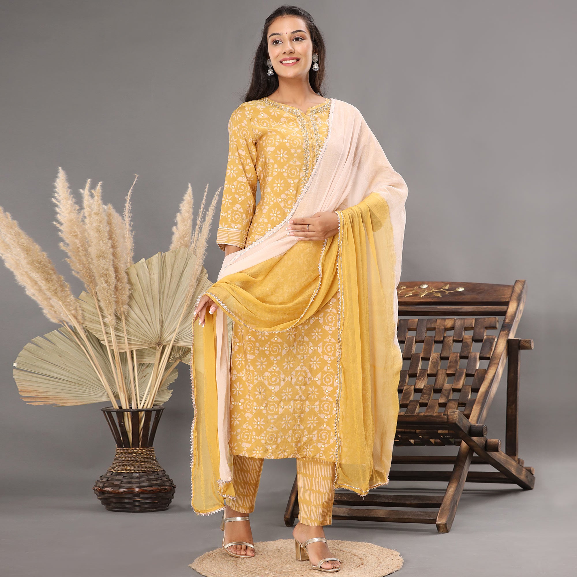 Yellow Printed Muslin Salwar Suit