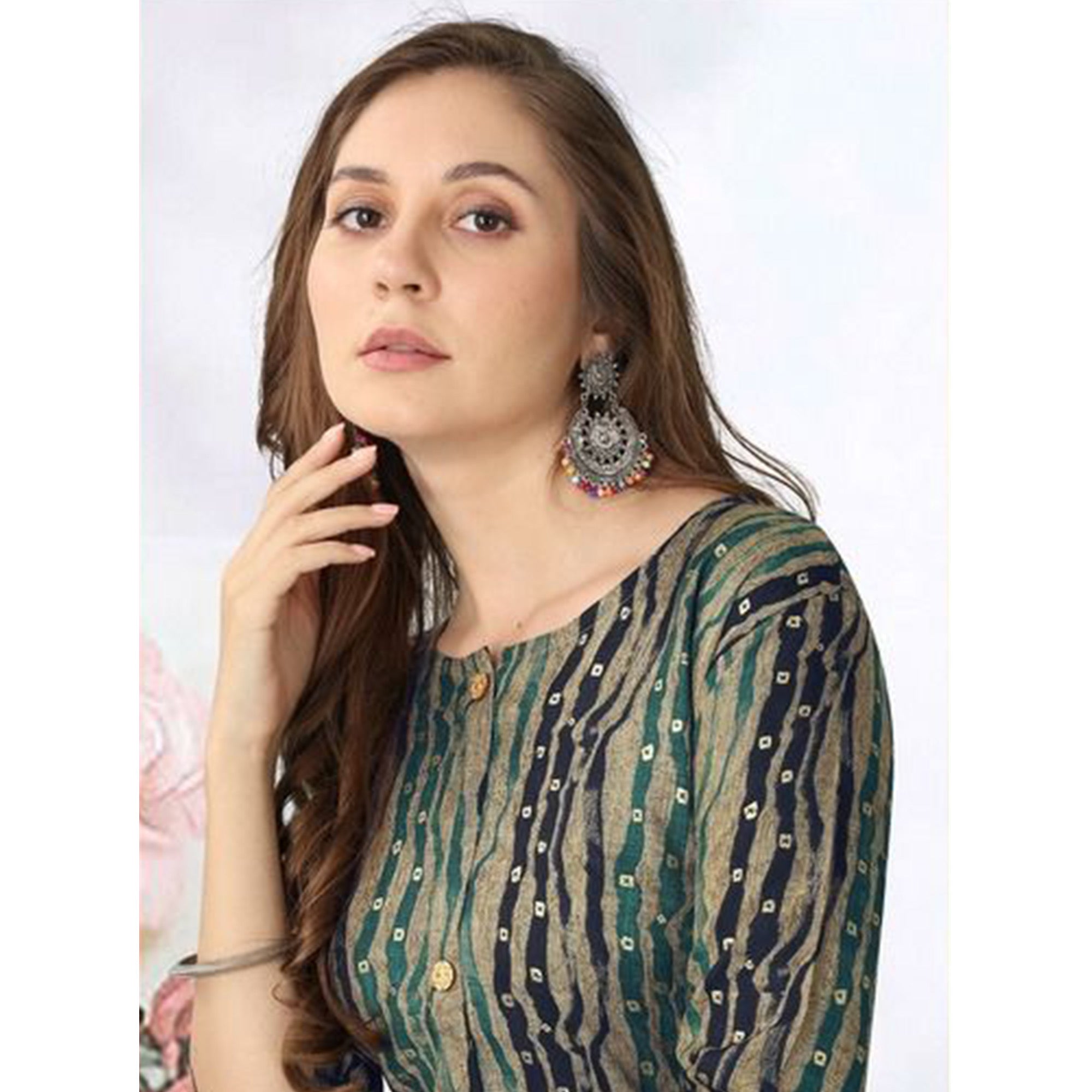 Beige Foil Printed Rayon Kurti