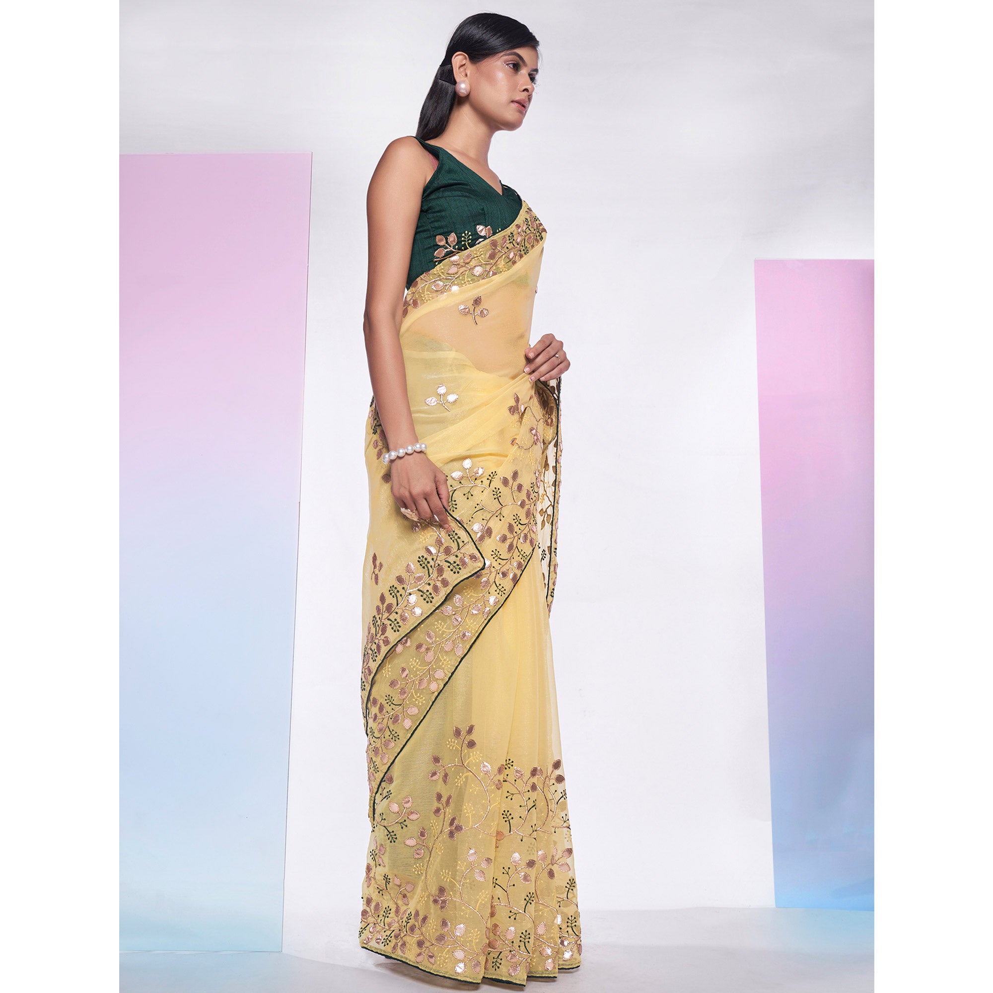 Yellow Floral Embroidered Georgette Saree