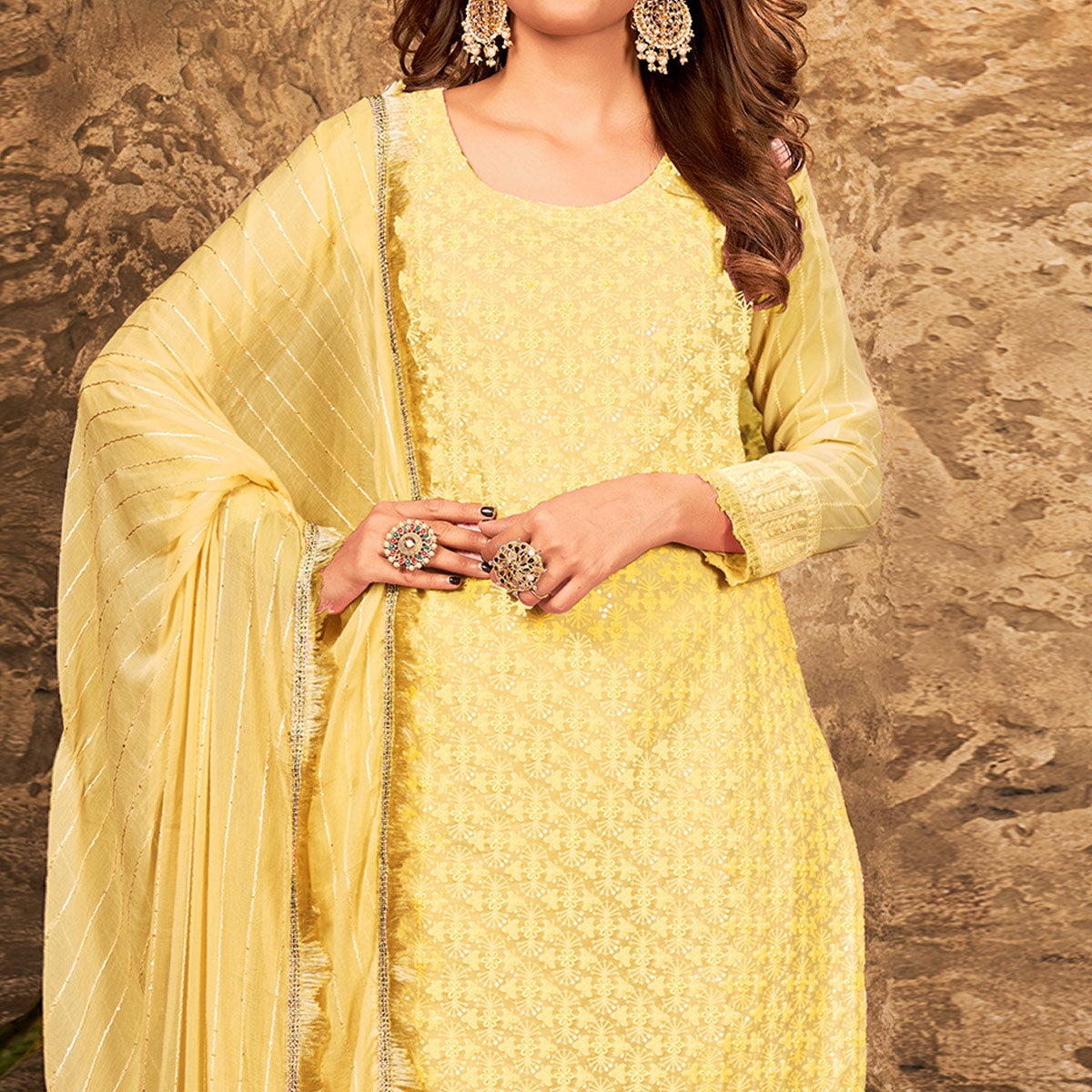 Yellow Floral Sequins Embroidered Georgette Suit