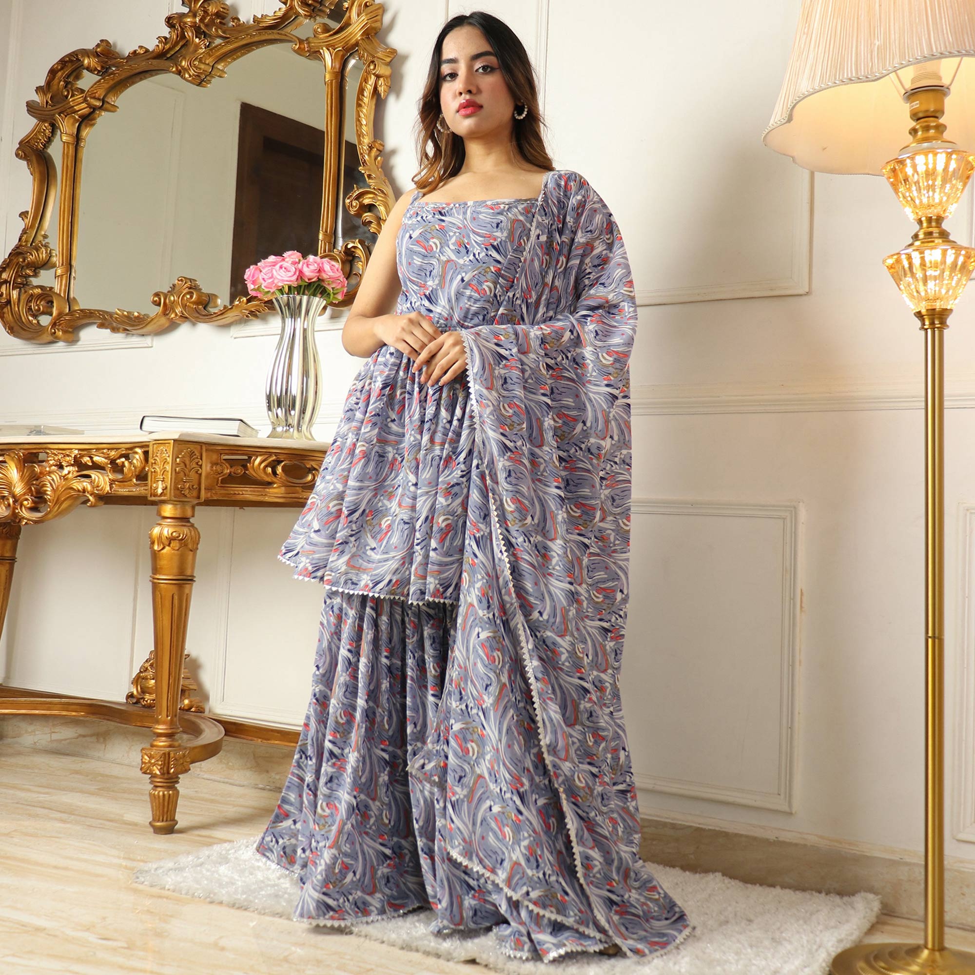 Grey Printed With Gota Work Georgette Sharara Suit