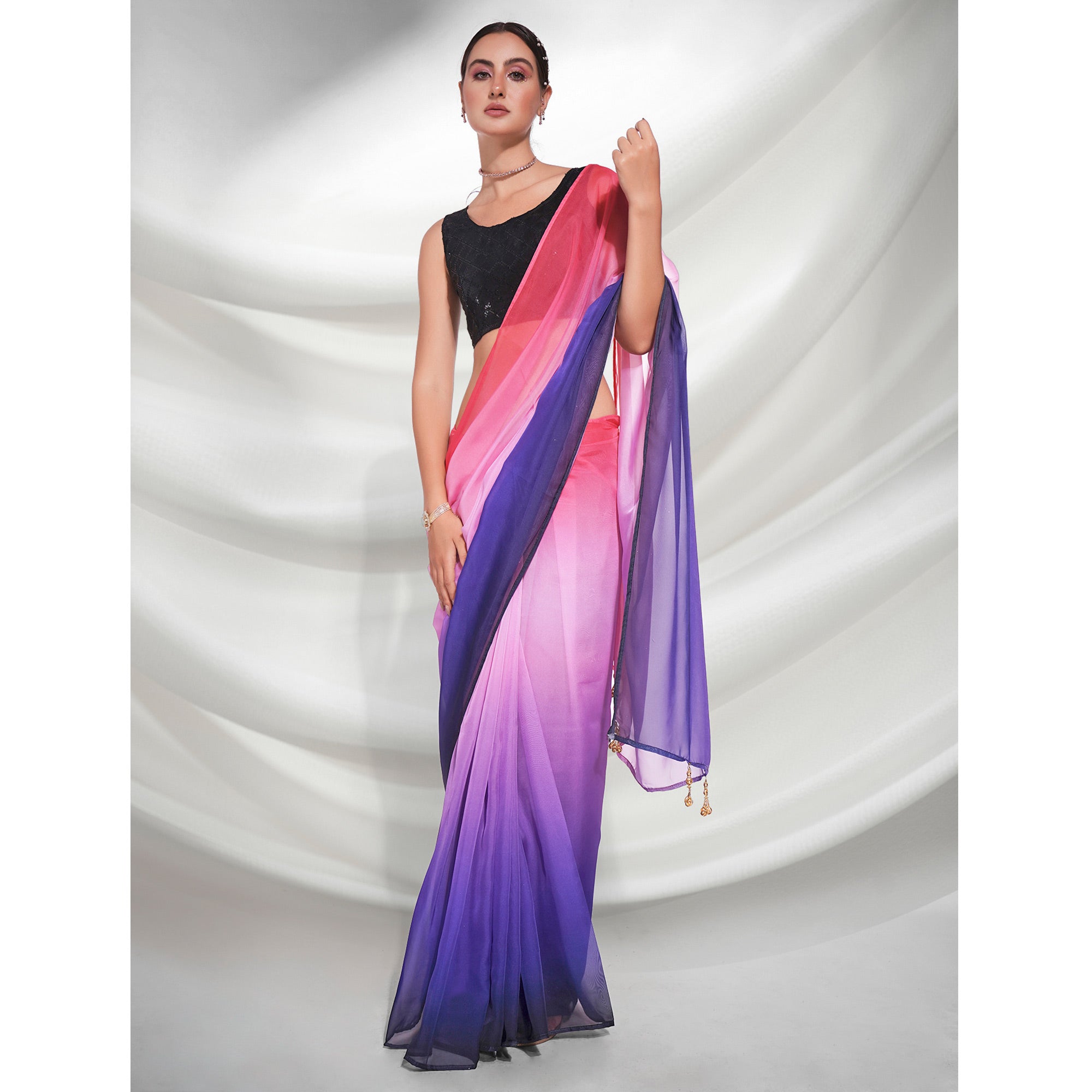 Violet And Pink Printed Organza Saree