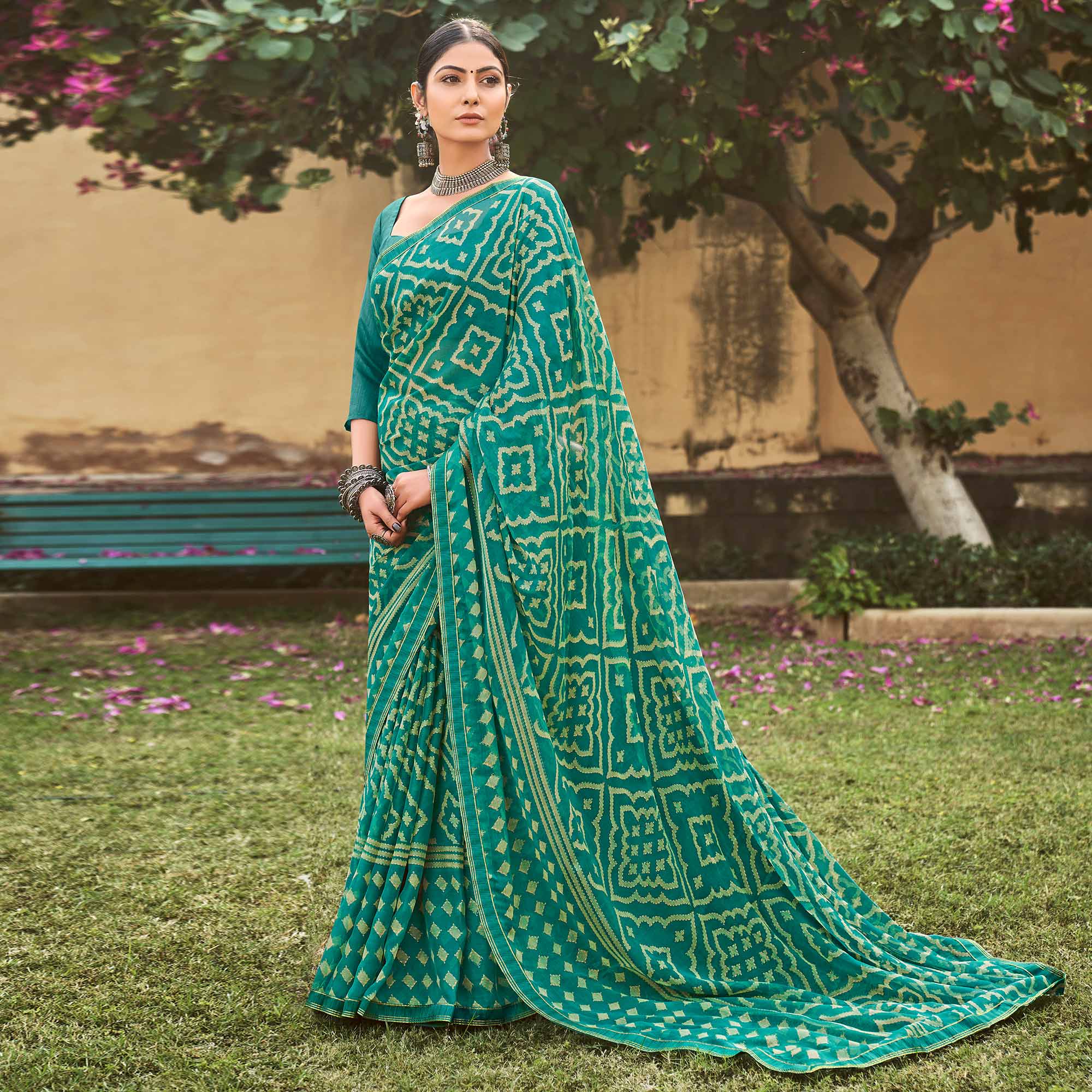 Rama Green Printed Chiffon Saree