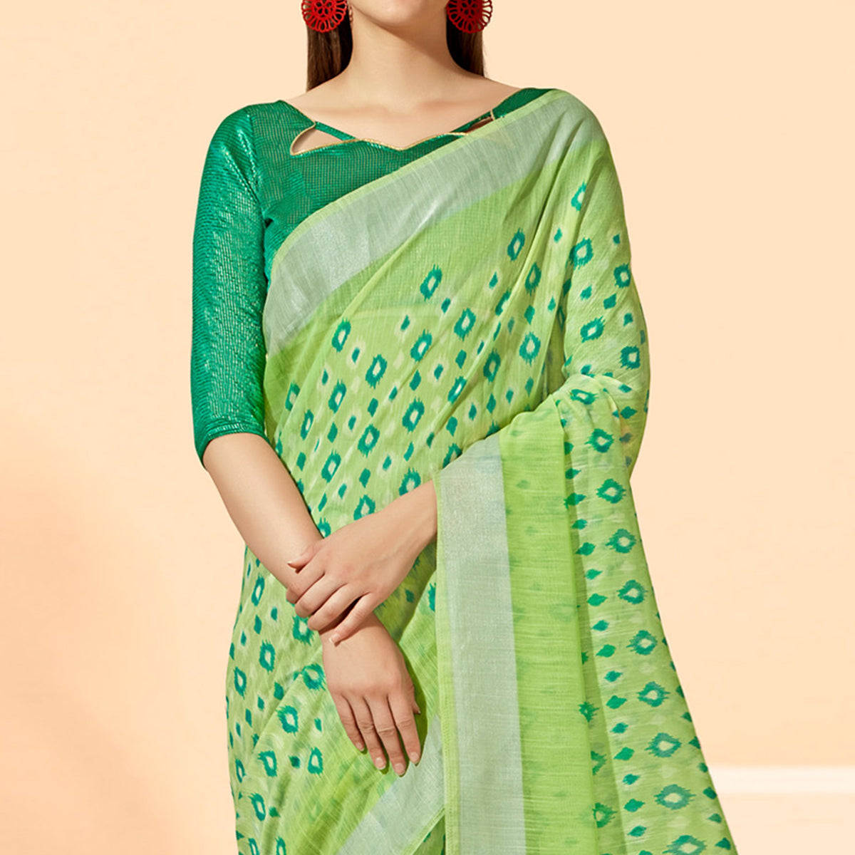 Green Printed Cotton Silk Saree With Tassels