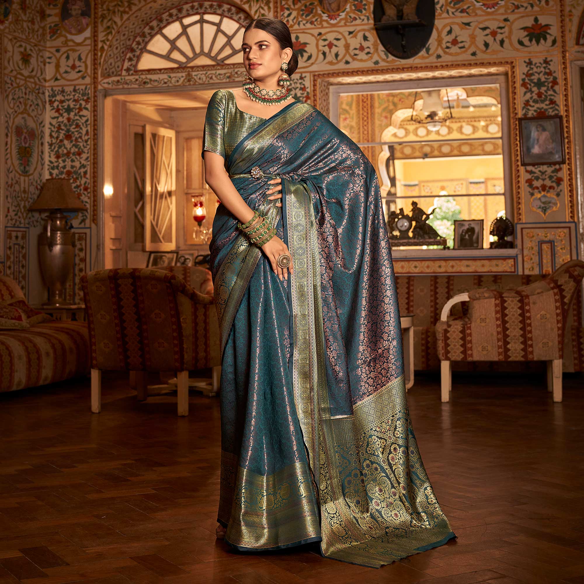 Teal Blue Floral Woven Kanjivaram Silk Saree