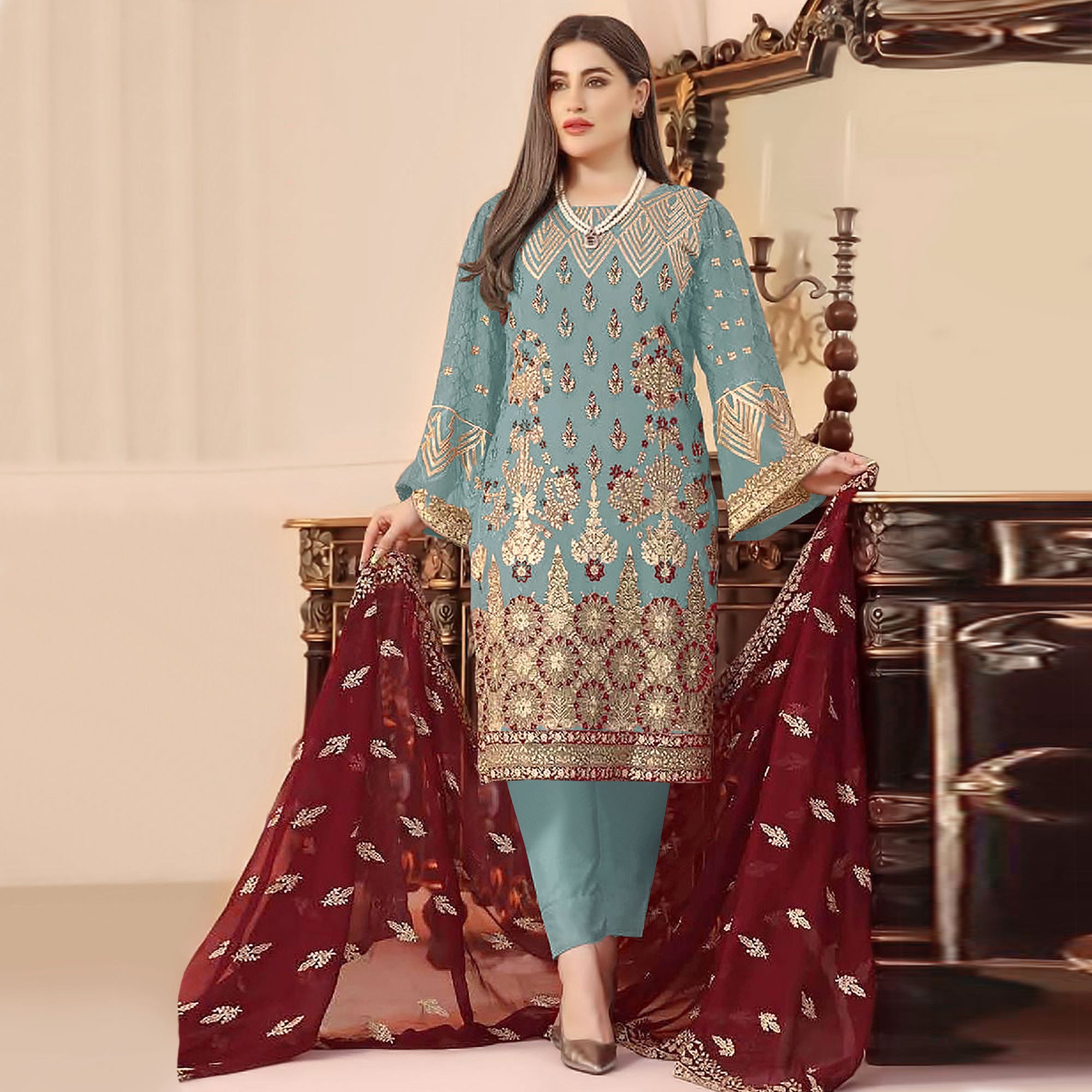 Sky Blue Sequins Embroidered Georgette Pakistani Suit