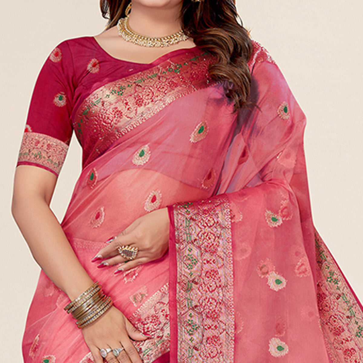 Pink Woven Organza Saree With Tassels