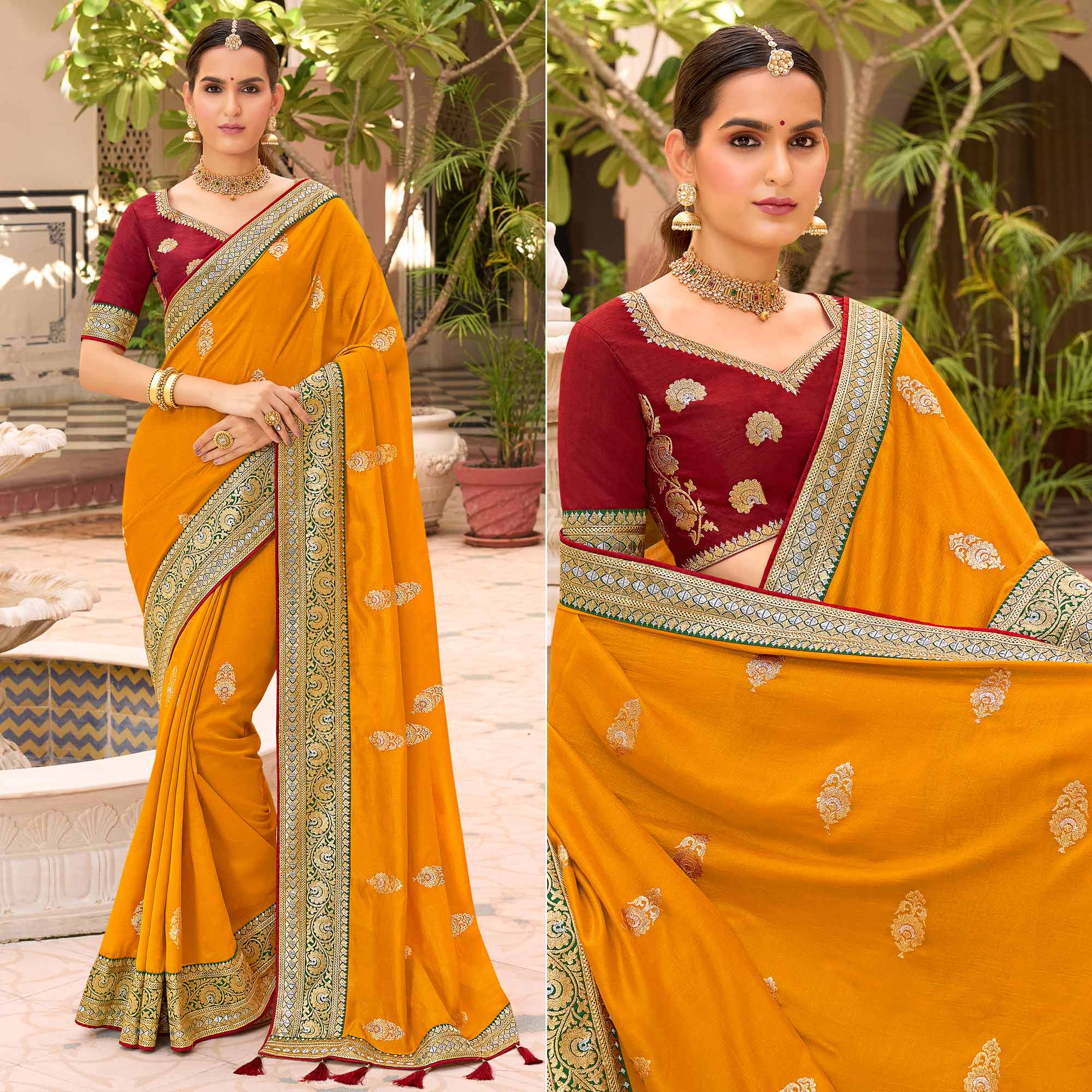 Mustard Embroidered Vichitra Silk Saree With With Tassels