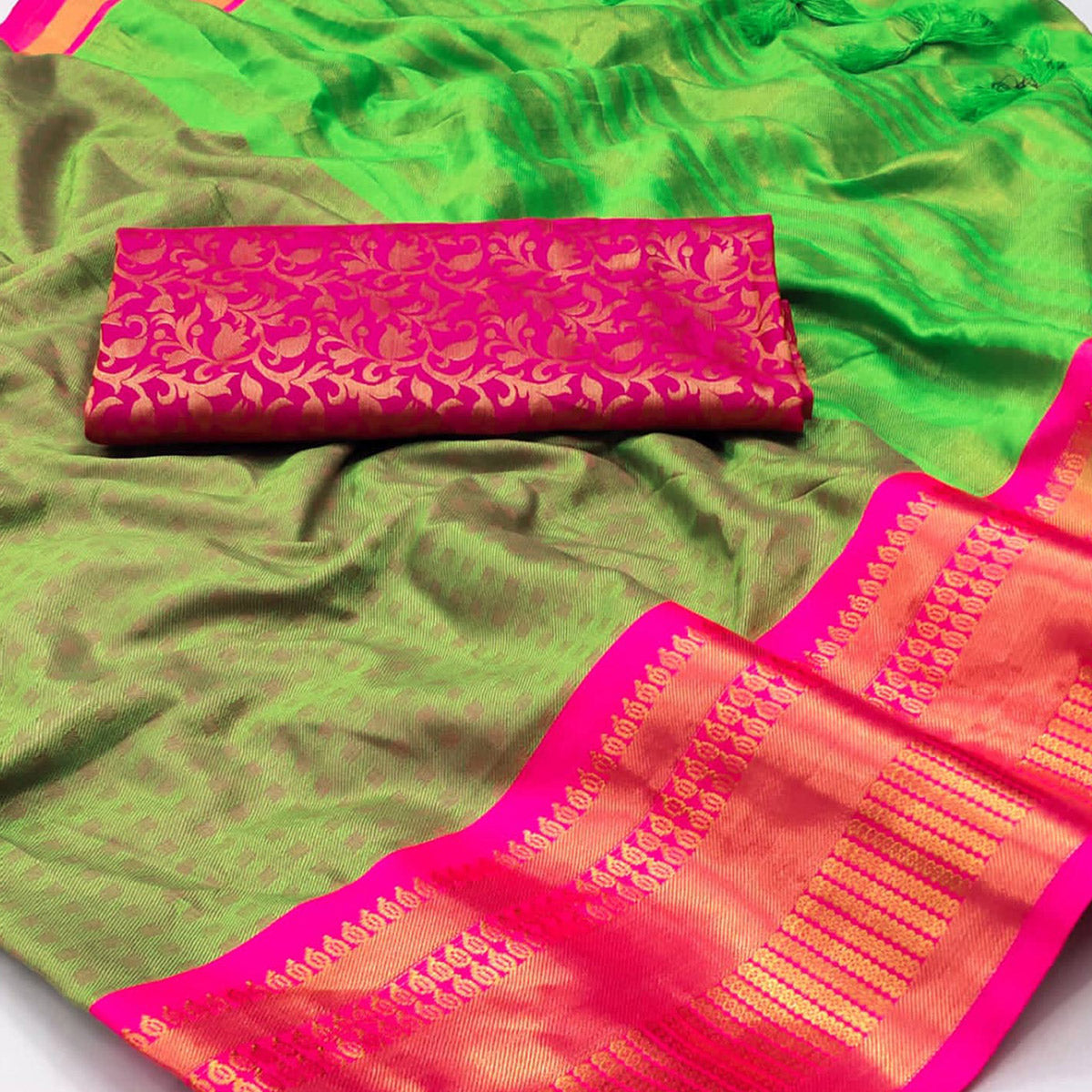 Parrot Green Woven Cotton Silk Saree With Tassels