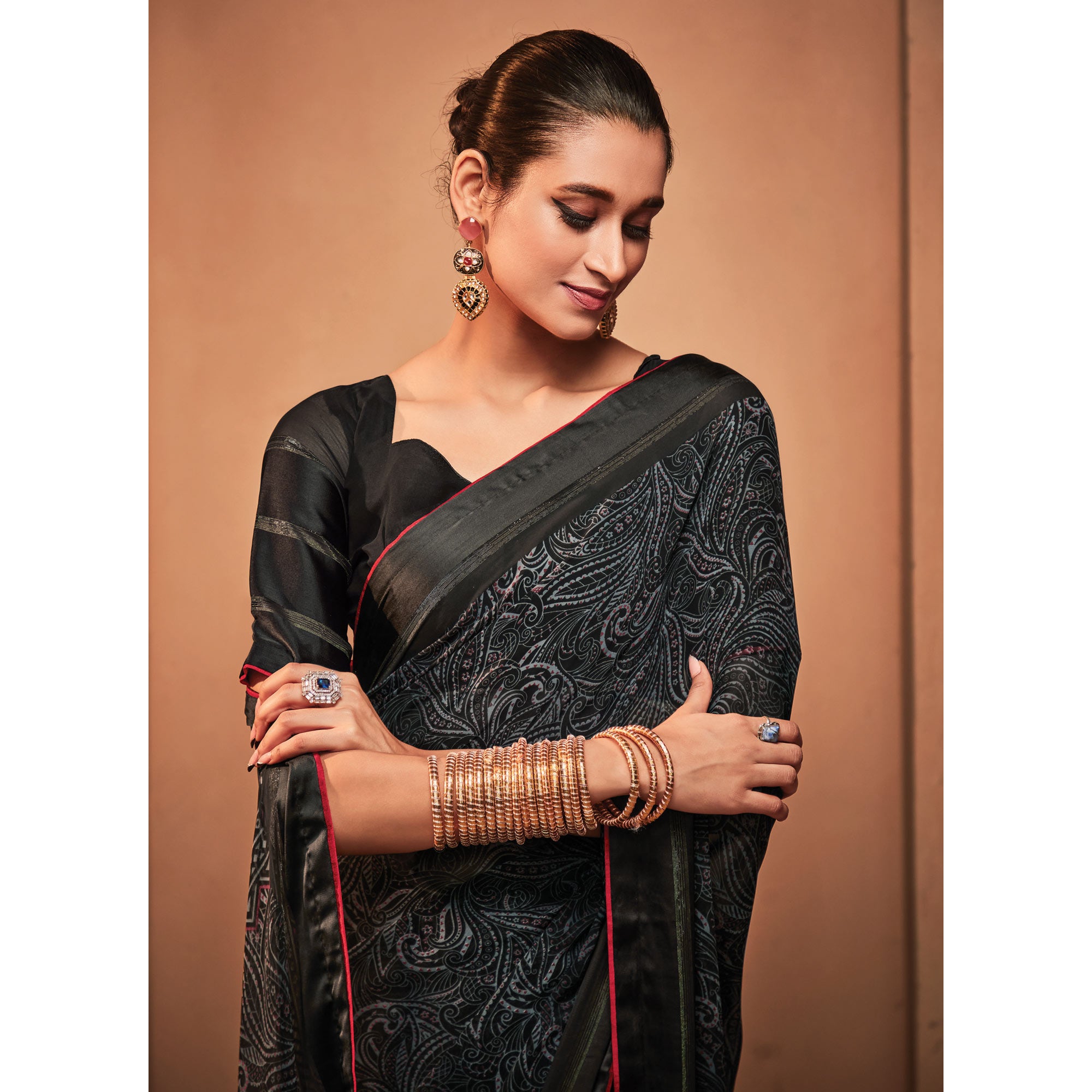 Black Printed Georgette Saree With Tassels