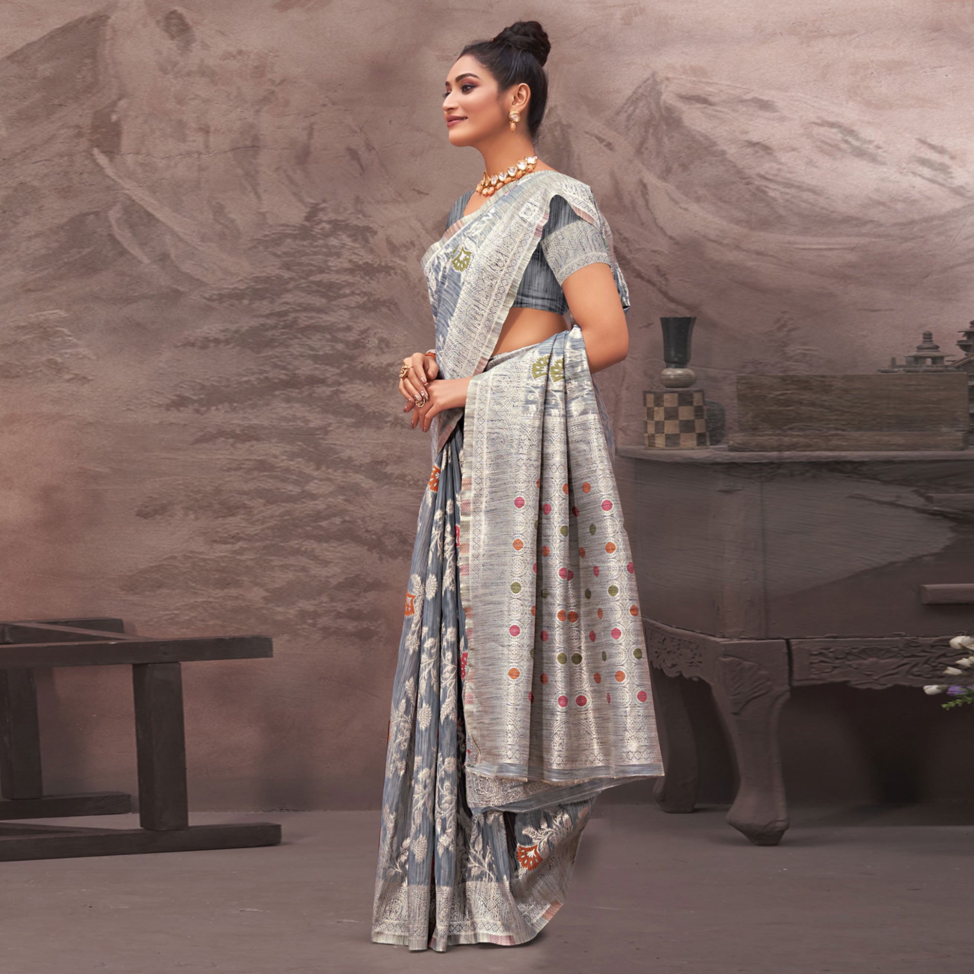 Grey Floral Woven Cotton Silk Saree