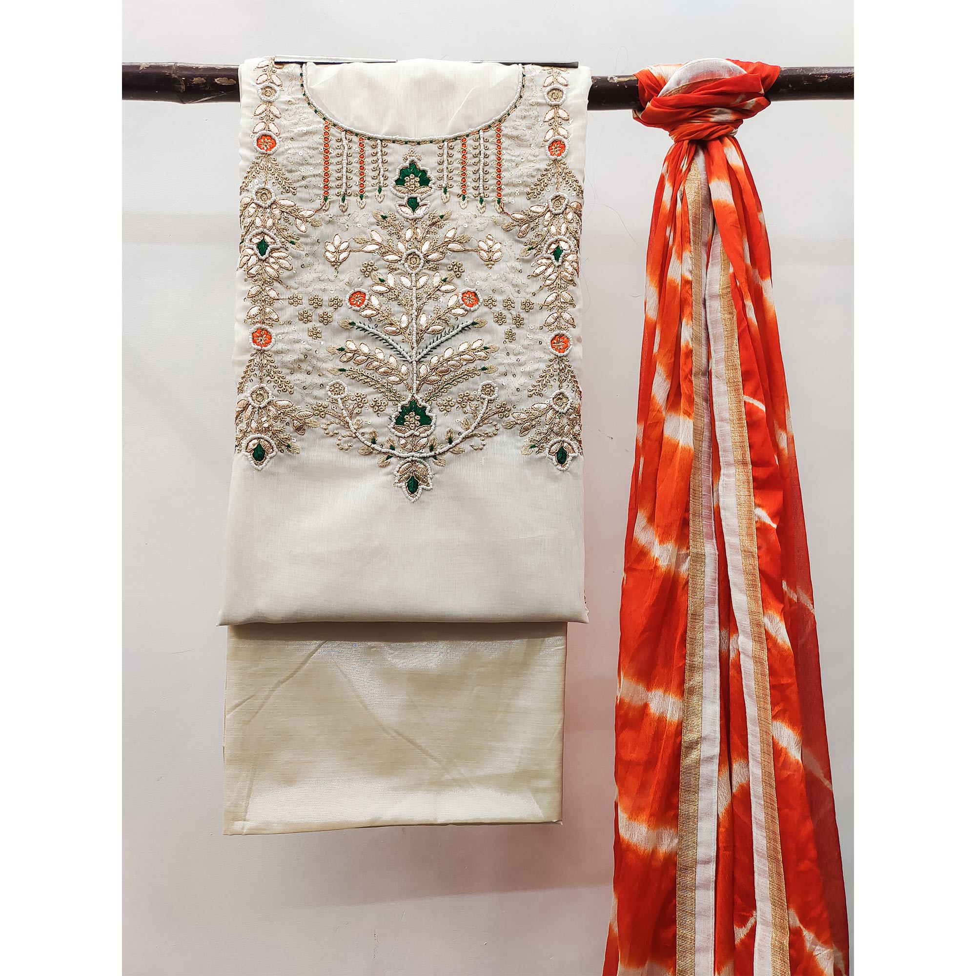 Offwhite Embroidered Chanderi Dress Material