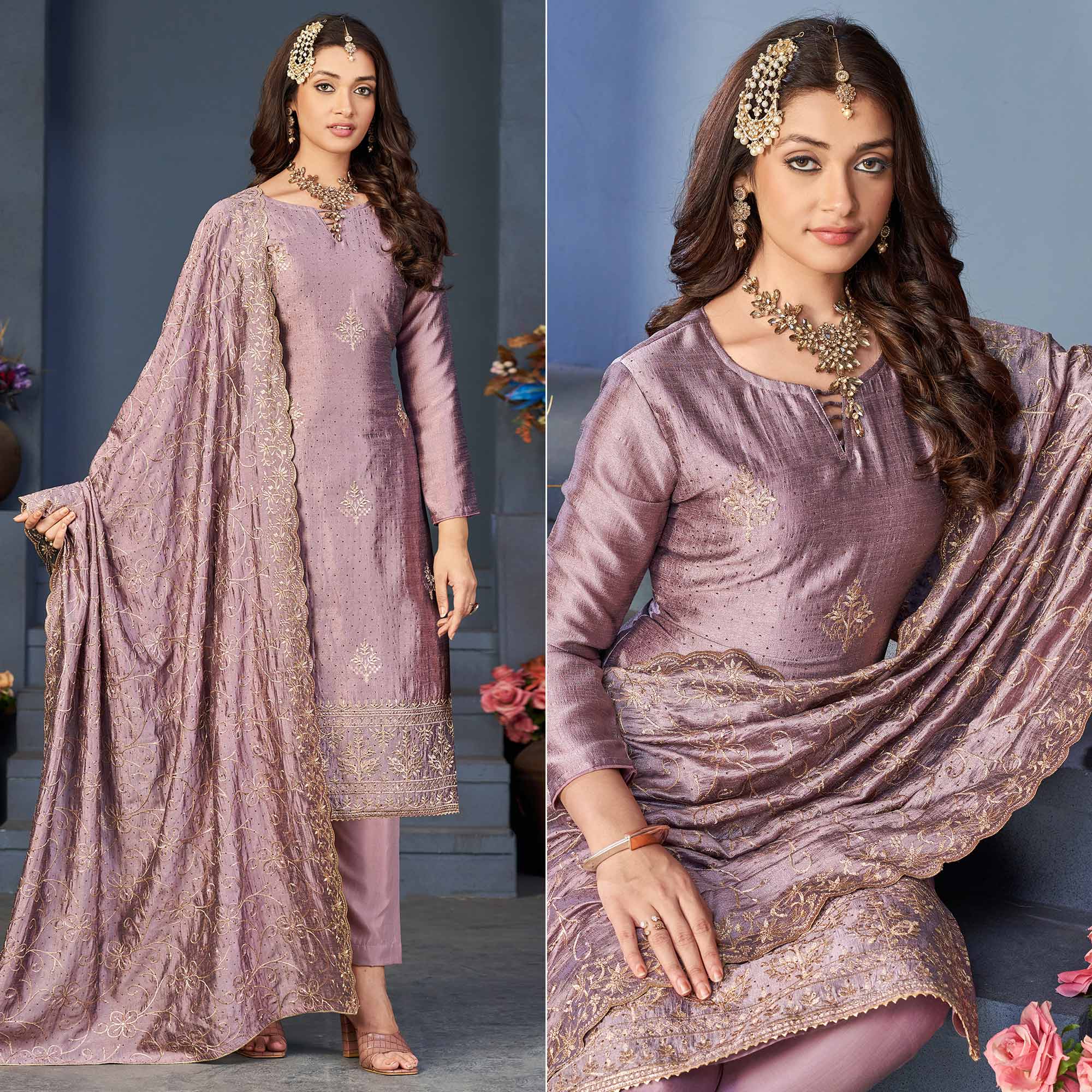 Purple Sequins Embroidered Vichitra Silk Suit