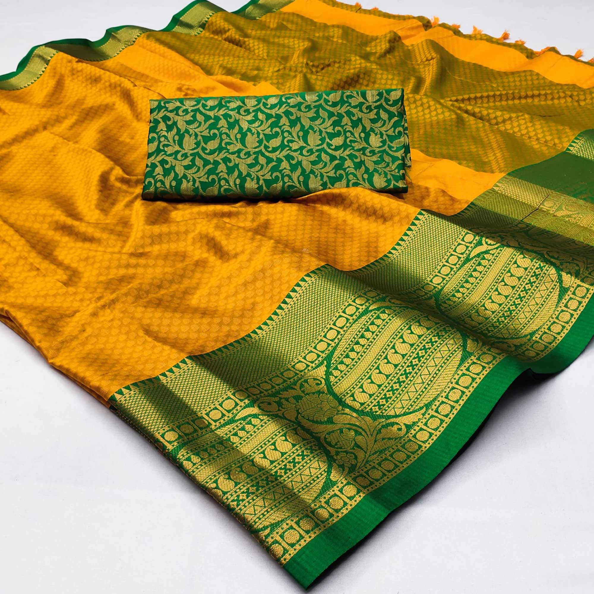 Gold Woven Cotton Silk Saree With Tassels