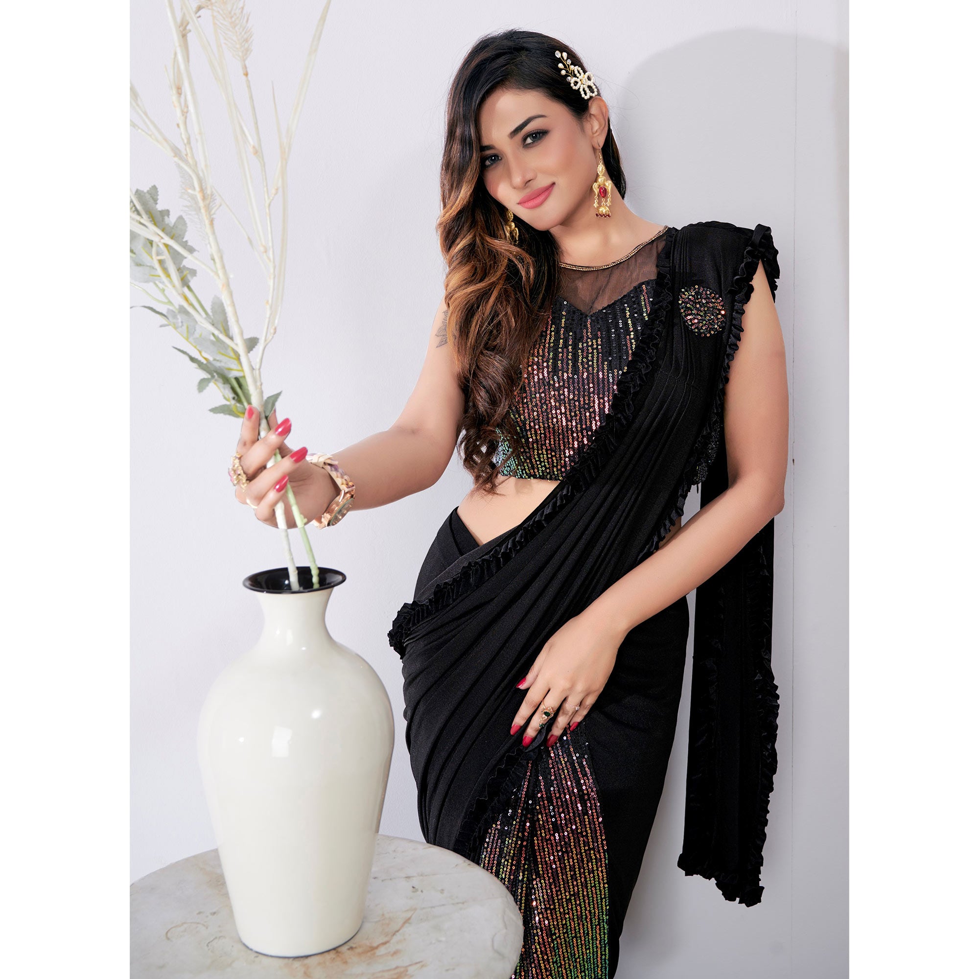 Black Sequins Embroidered Lycra Ready to Wear Saree