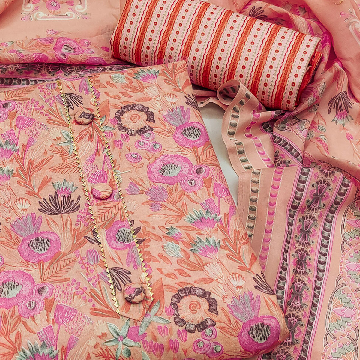 Peach Floral Printed Cotton Blend Dress Material